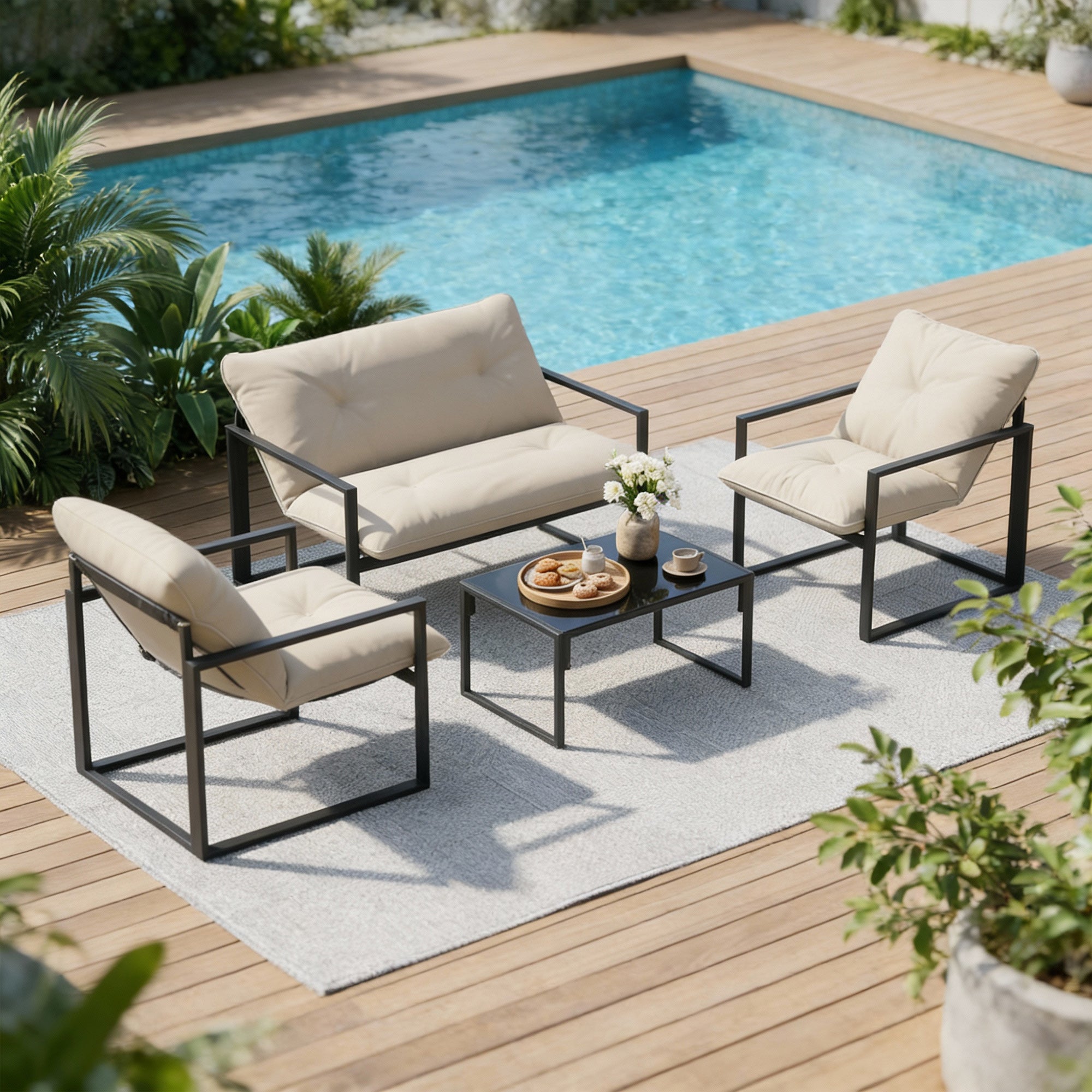 4-Piece Garden Set with Sofa, 2 Armchairs and Coffee Table, in Steel, Polyester and PP Cotton, Beige and Grey