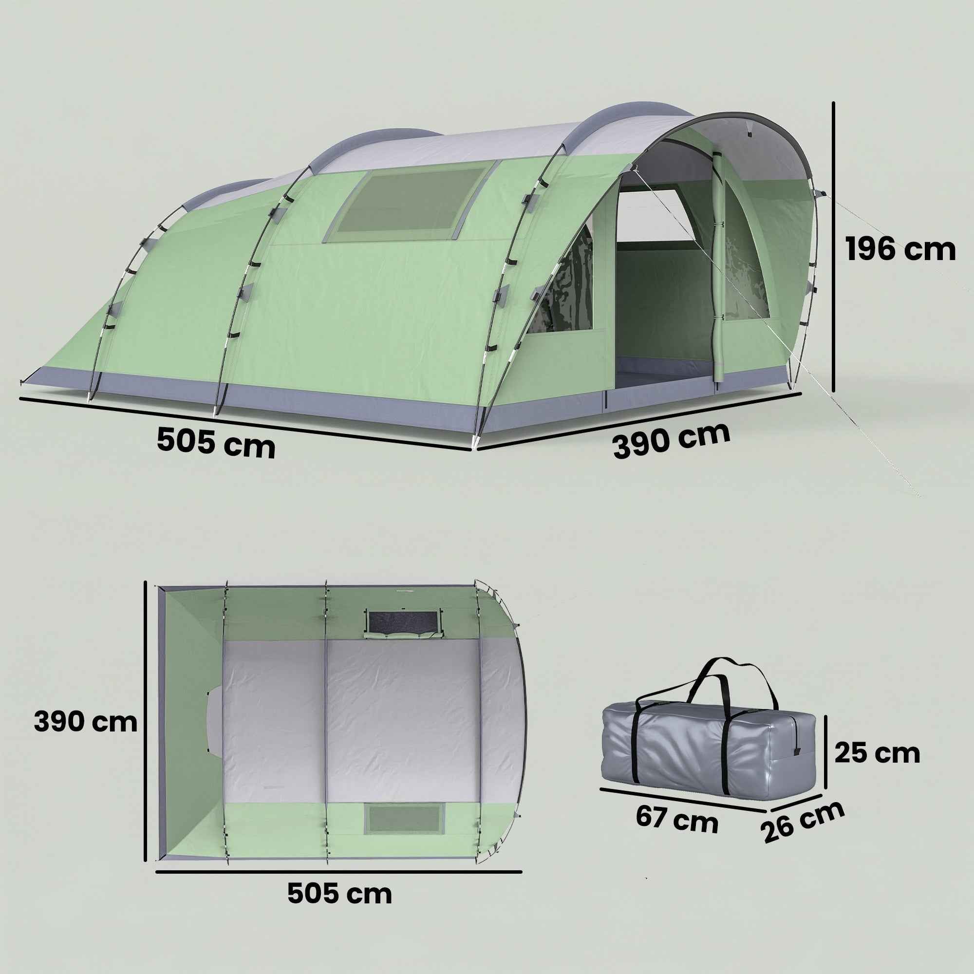 Outsunny Large Multi-Room Tent for 2-4 People, with Windows and Veranda, Green