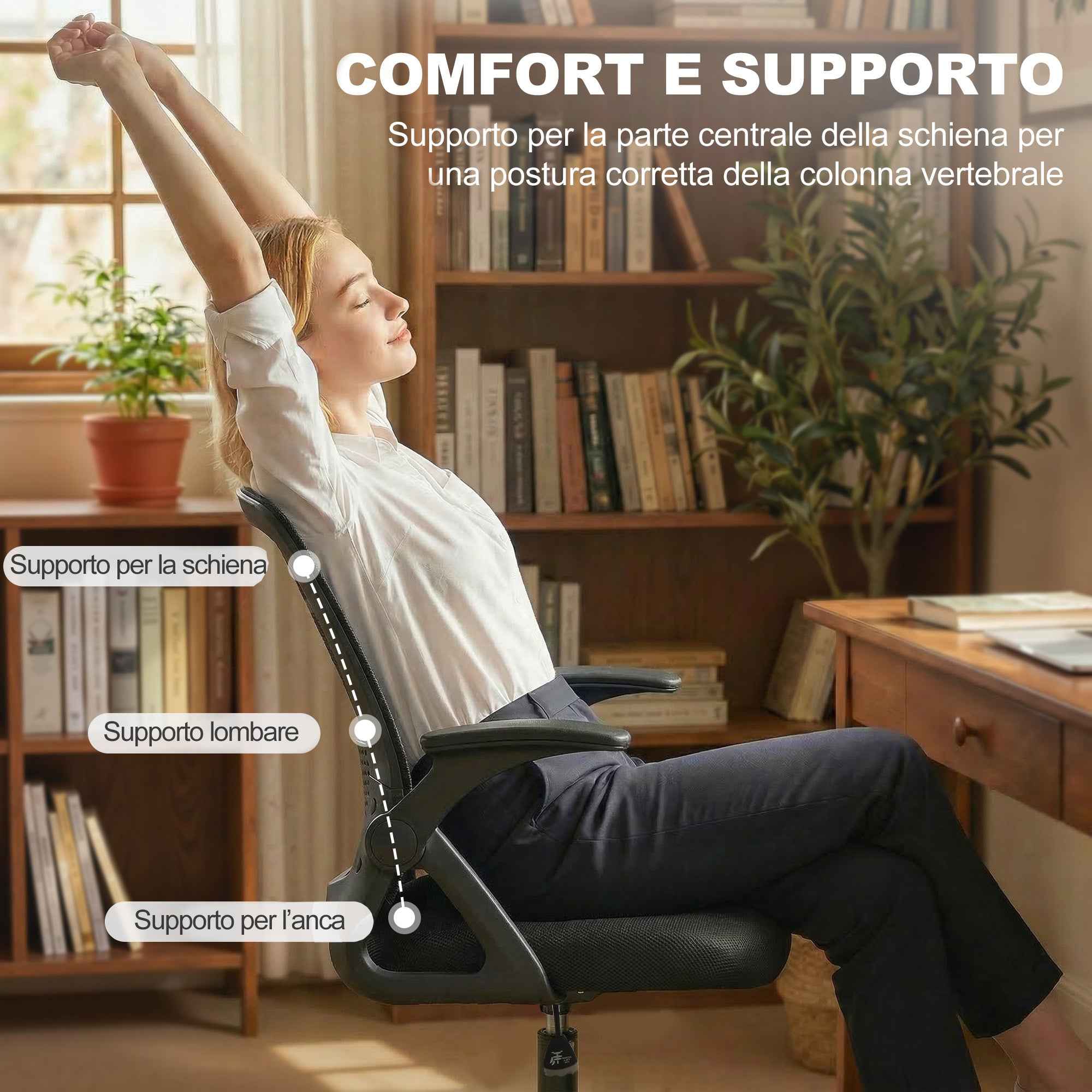 Ergonomic Office Chair with Lumbar Support and Footrest, Fabric and Steel, 58x63x105-126 cm, Black