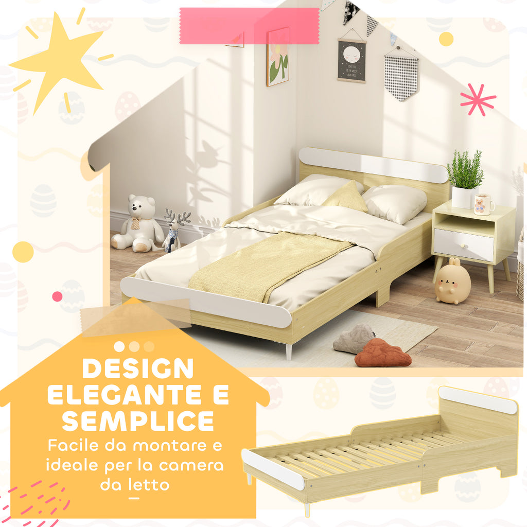 Children's Bed 3-10 Years Low with High Side Rails, Wooden, 194.8x103x60.5 cm, White and Wood Color