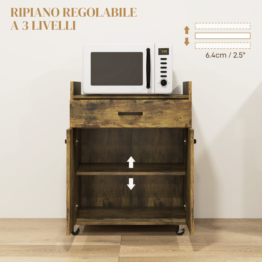 Kitchen Trolley with Drawer, Cabinet and 4 Wooden Wheels, 60x40x77cm, Rustic Brown