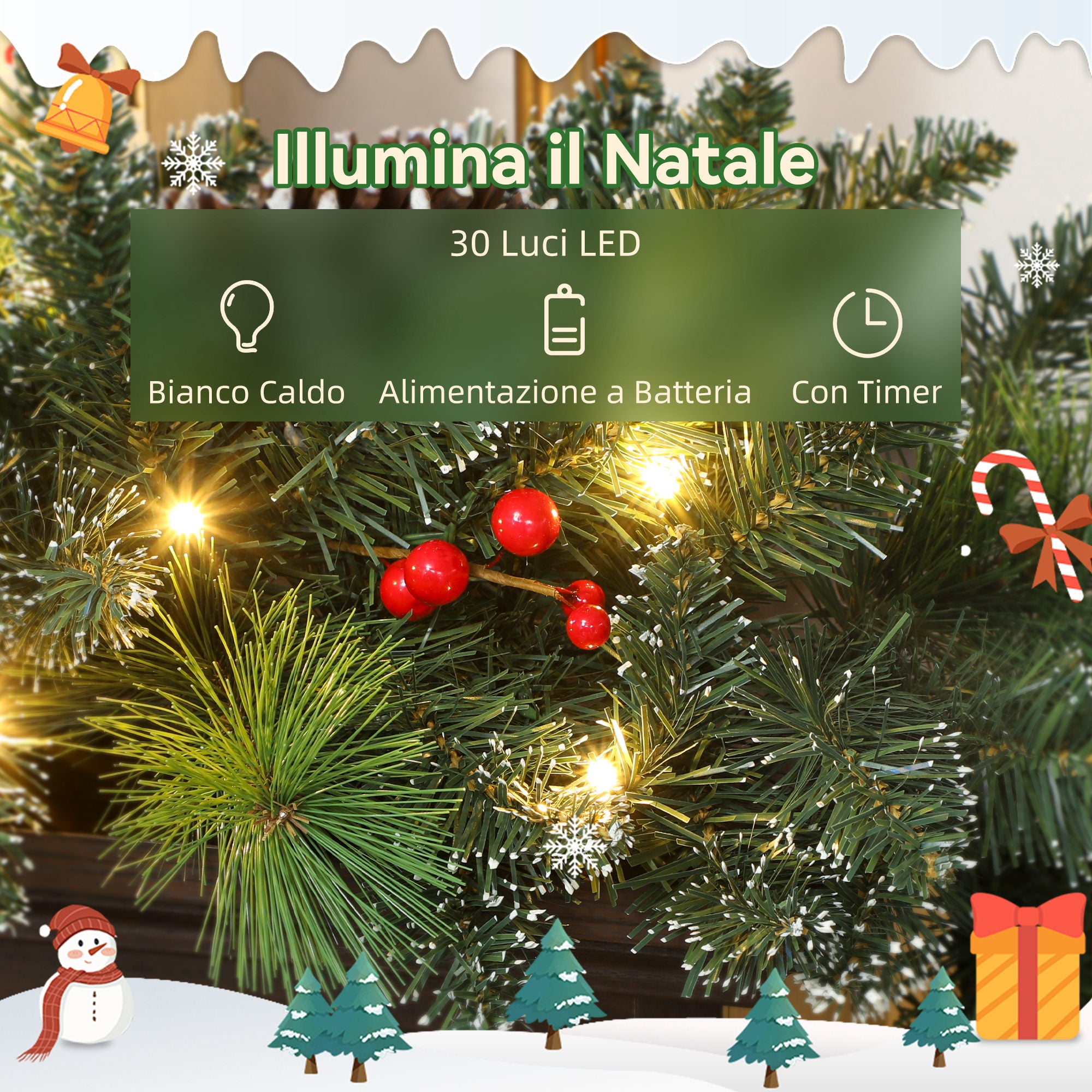 180cm Christmas Garland with Snow-Covered Branches and 30 White Lights, Pine Cones and Berries for Indoors