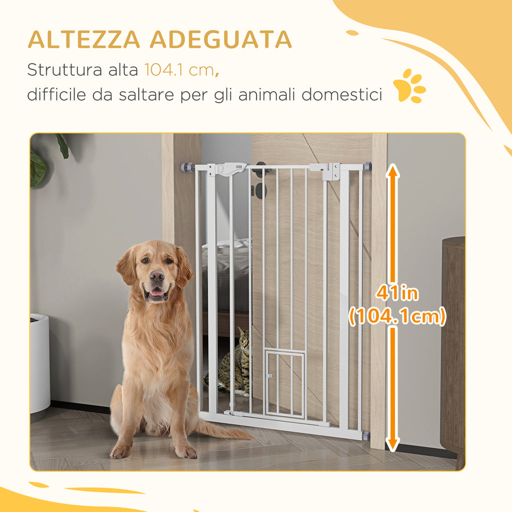 Tall Adjustable Dog Gate with Small Door and Automatic Closing, 74-80x104cm, White