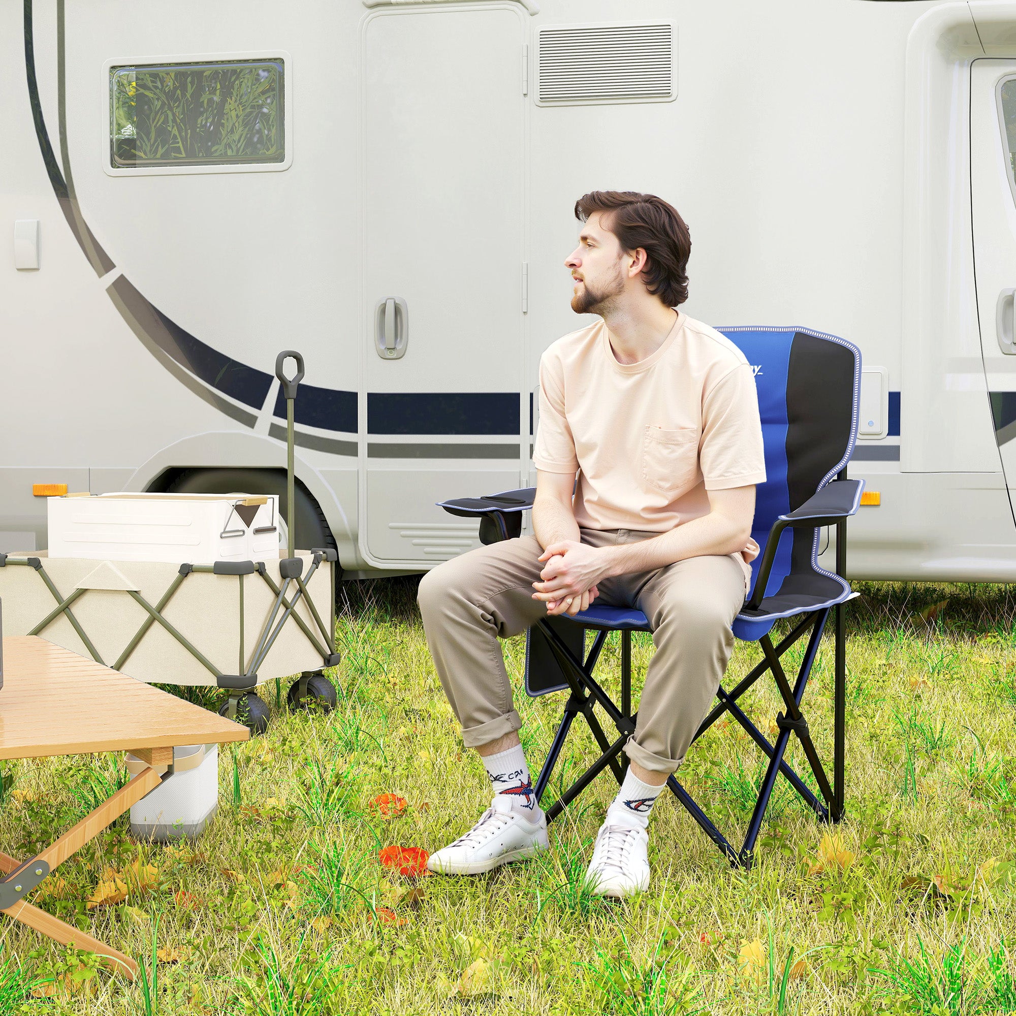 Folding Camping Chair with Pocket and Cup Holder with Carrying Bag, Blue