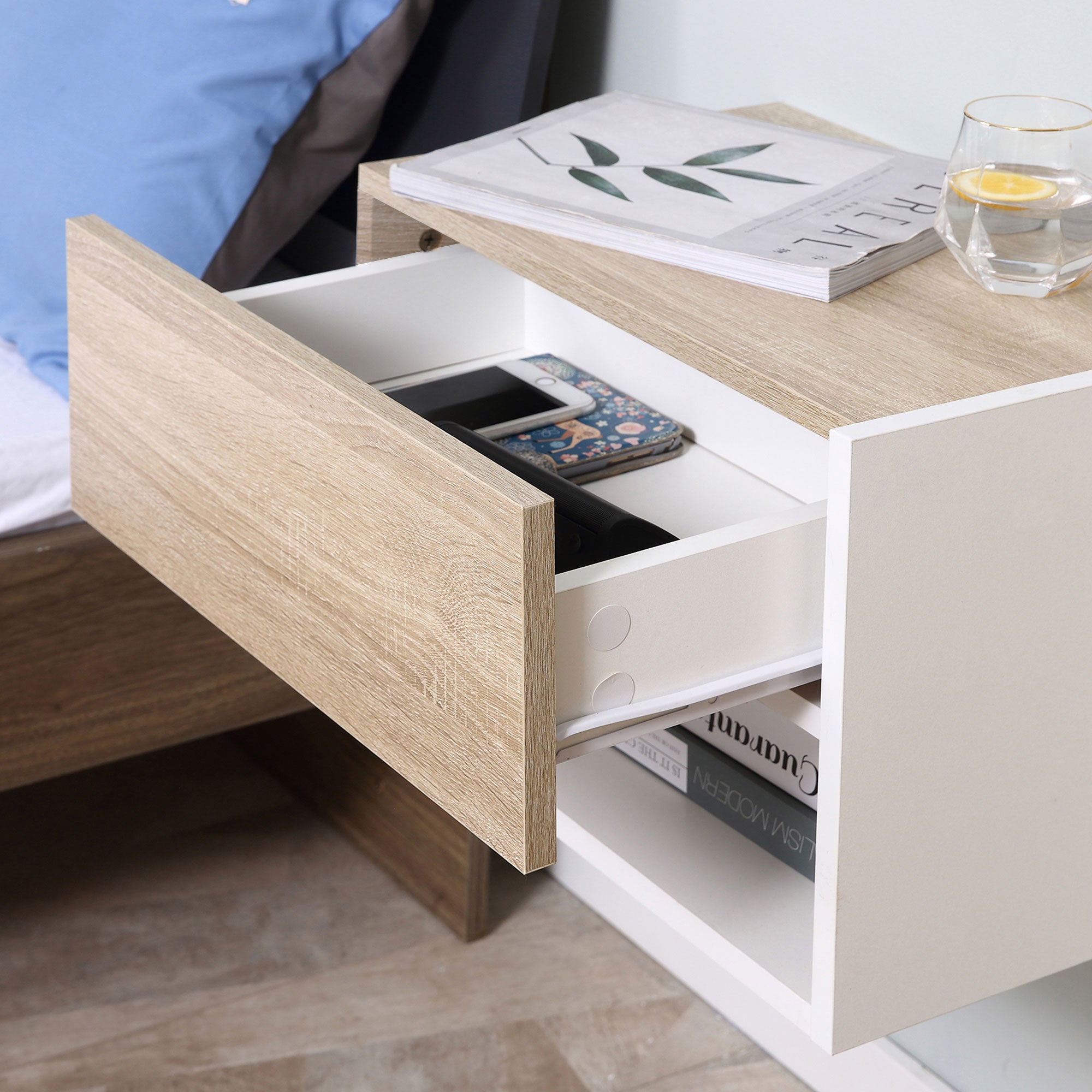 Set of 2 Wall-Mounted Bedside Tables with Drawer and Shelf, Modern Bedroom Furniture, White and Oak