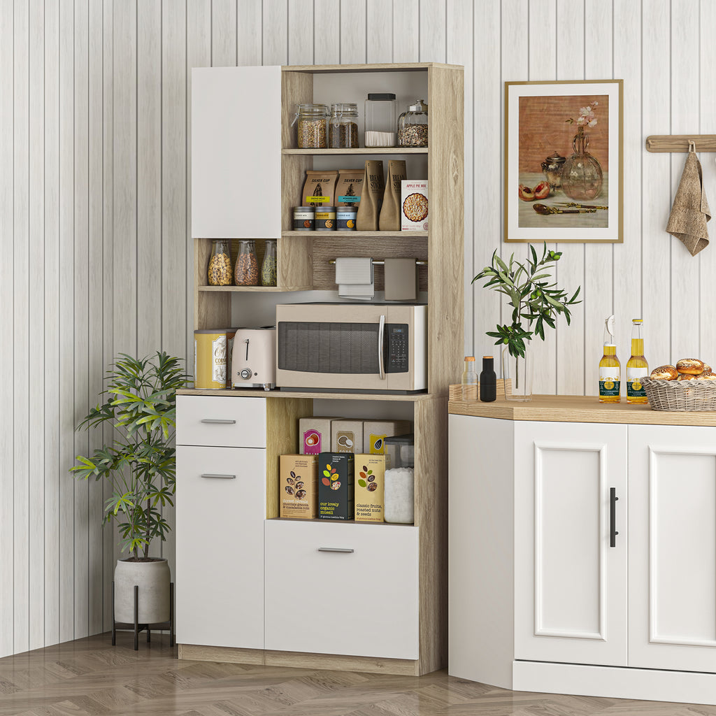 Wooden Pantry Cabinet with Drawer, 3 Cabinets and 4 Open Shelves, 80x35x180 cm, White