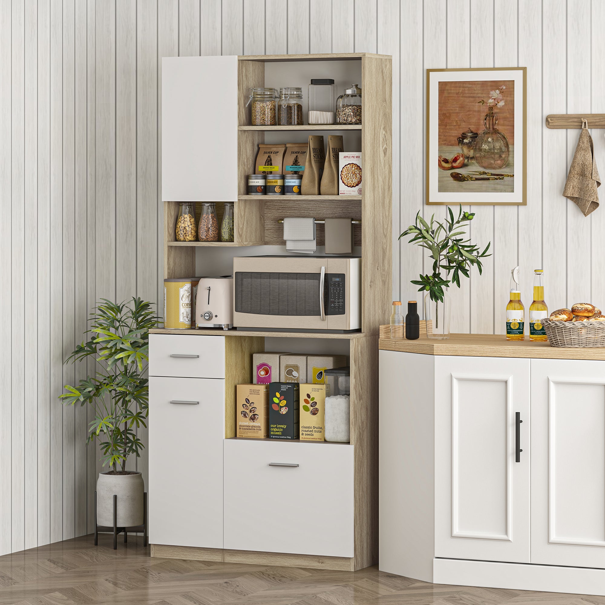 Wooden Pantry Cabinet with Drawer, 3 Cabinets and 4 Open Shelves, 80x35x180 cm, White