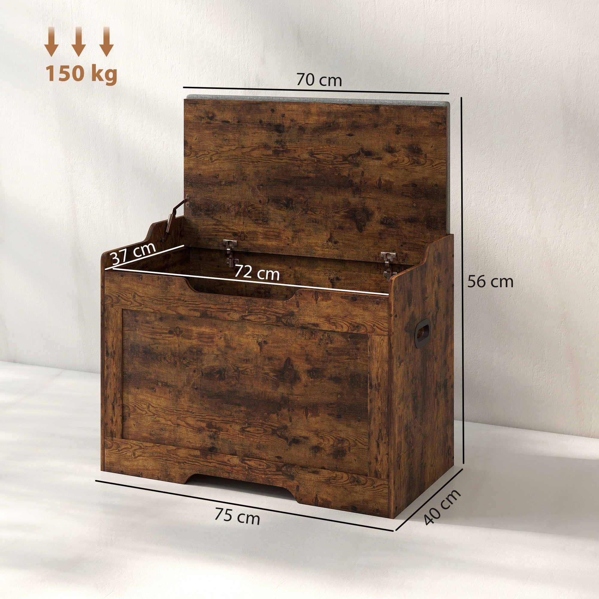 103L Multifunctional Storage Bench in Wood with Grey Fabric Cushion, 75x40x56 cm