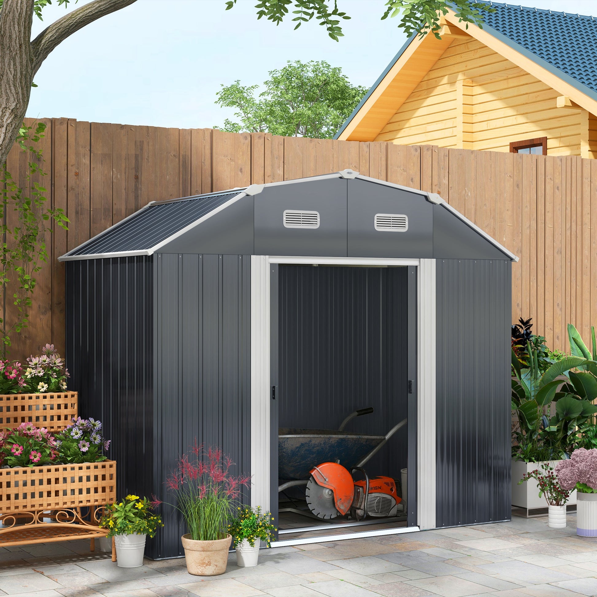 Outsunny Tool Shed with Adjustable Shelves and 2 Windows, in Galvanized Steel, 238x132x198.5 cm, Dark Gray - Borgè