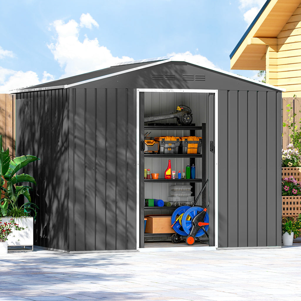 Outsunny 2.3x1.7 m Steel Garden Shed with Air Vents and Double Sliding Door, Dark Grey