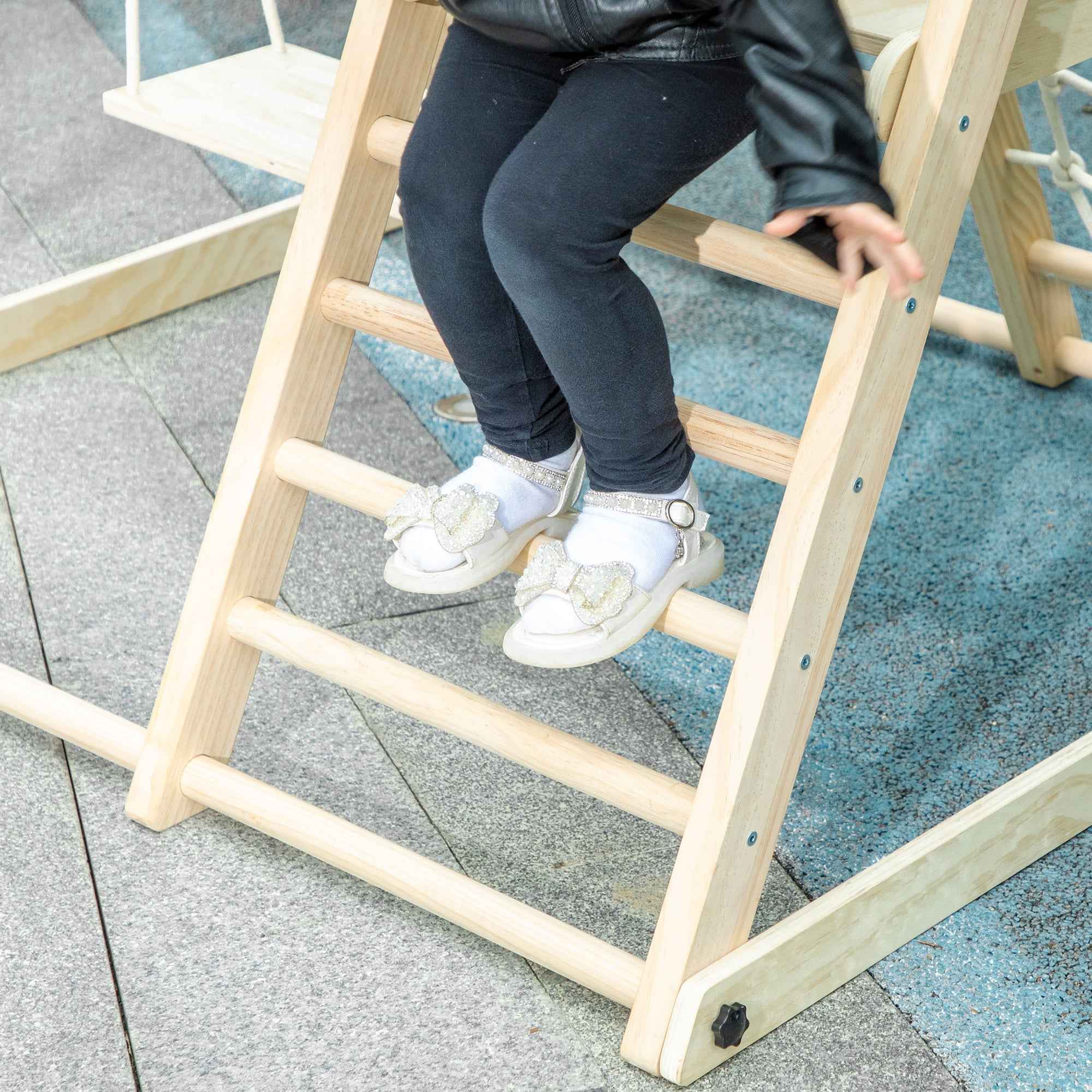 AIYAPLAY 5-in-1 Folding Climbing Game with Slide, 2 Walls, Swing and Basketball Hoop, Wooden, 140x172.5x116.5 cm