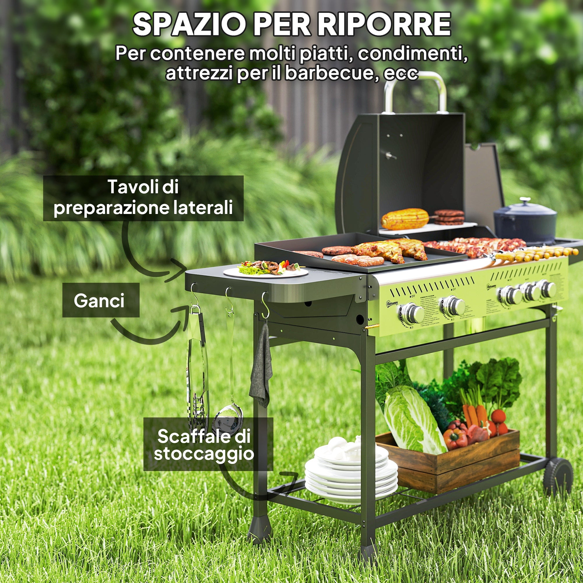 Gas Barbecue with Plate and Burner, Lid with Thermometer and Shelves, Regulator and Tube Included, Black