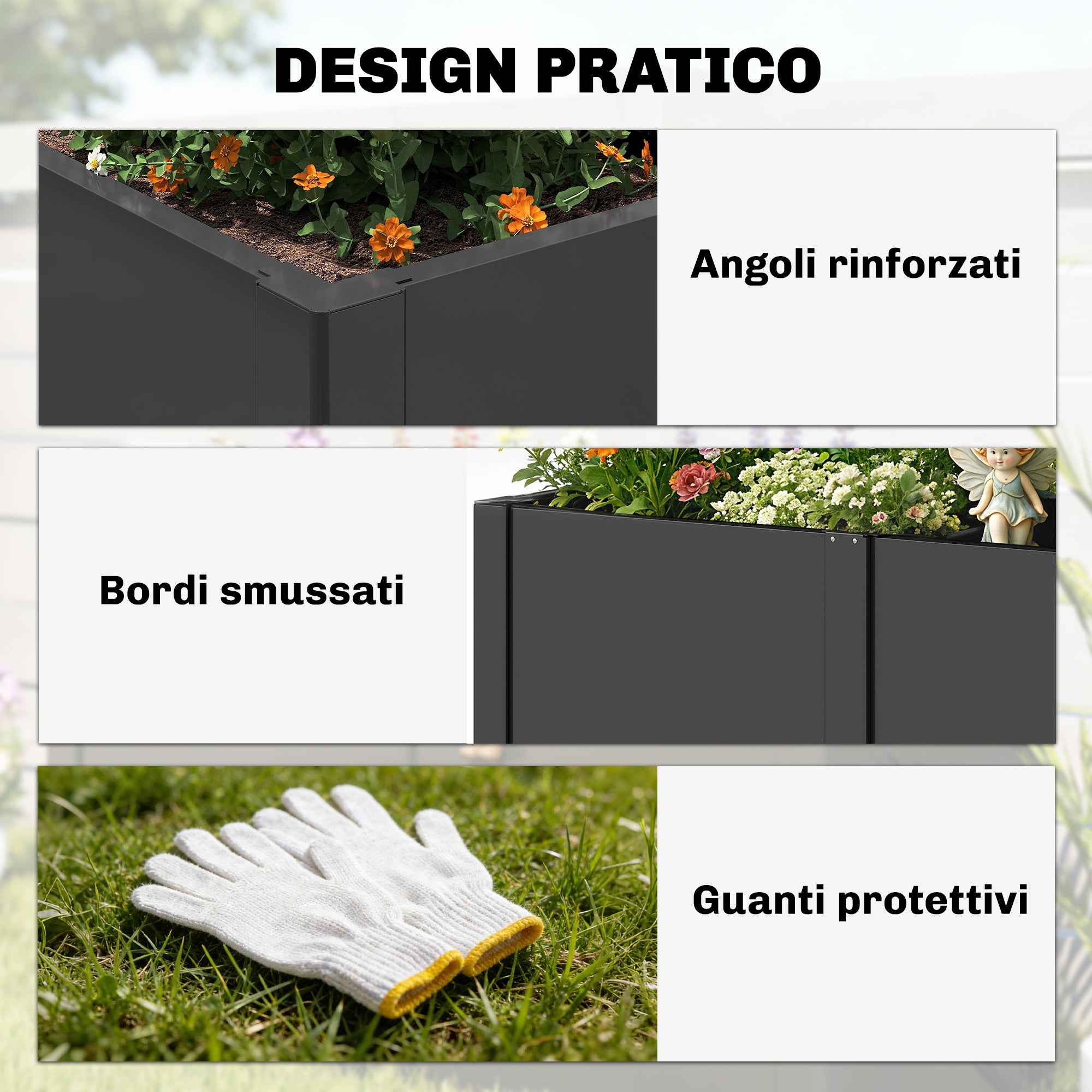 Outsunny Steel Raised Garden Bed with Divider, Reinforced Corners and Secure Edge, Open Bottom, Black