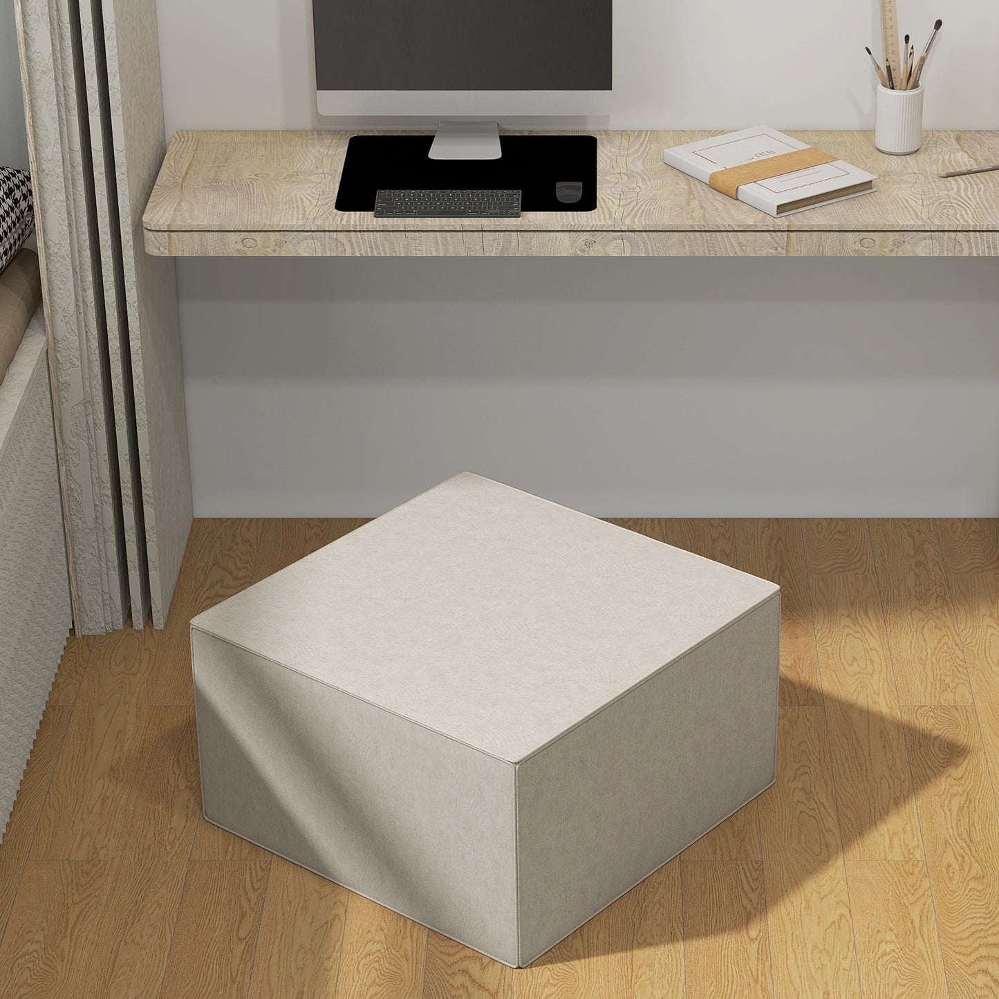 Footstool 2 in 1 with Removable Linen Effect Fabric Cover, 75x75x41 cm, Beige