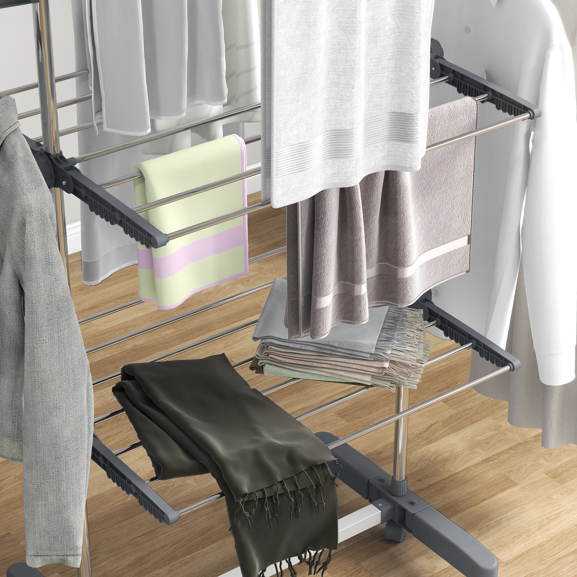 Vertical Drying Rack with 3 Adjustable Shelves, in Steel and Plastic, 142x55x152 cm, Grey and Silver