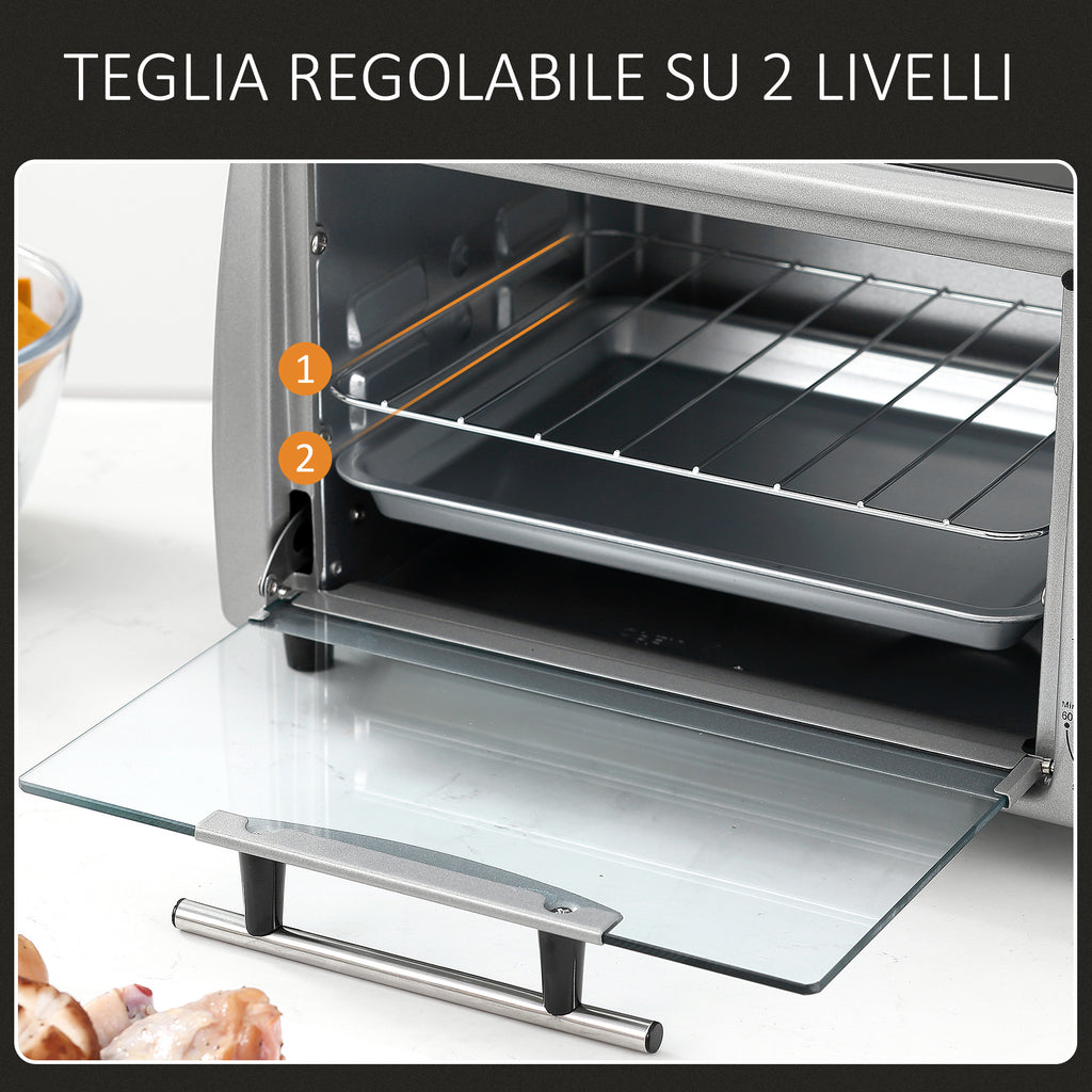 Electric Oven 10L Adjustable Temperature and Timer, Grill and Baking Tray Included, 750W, 36.5x26x22cm, Silver Black - Borgè