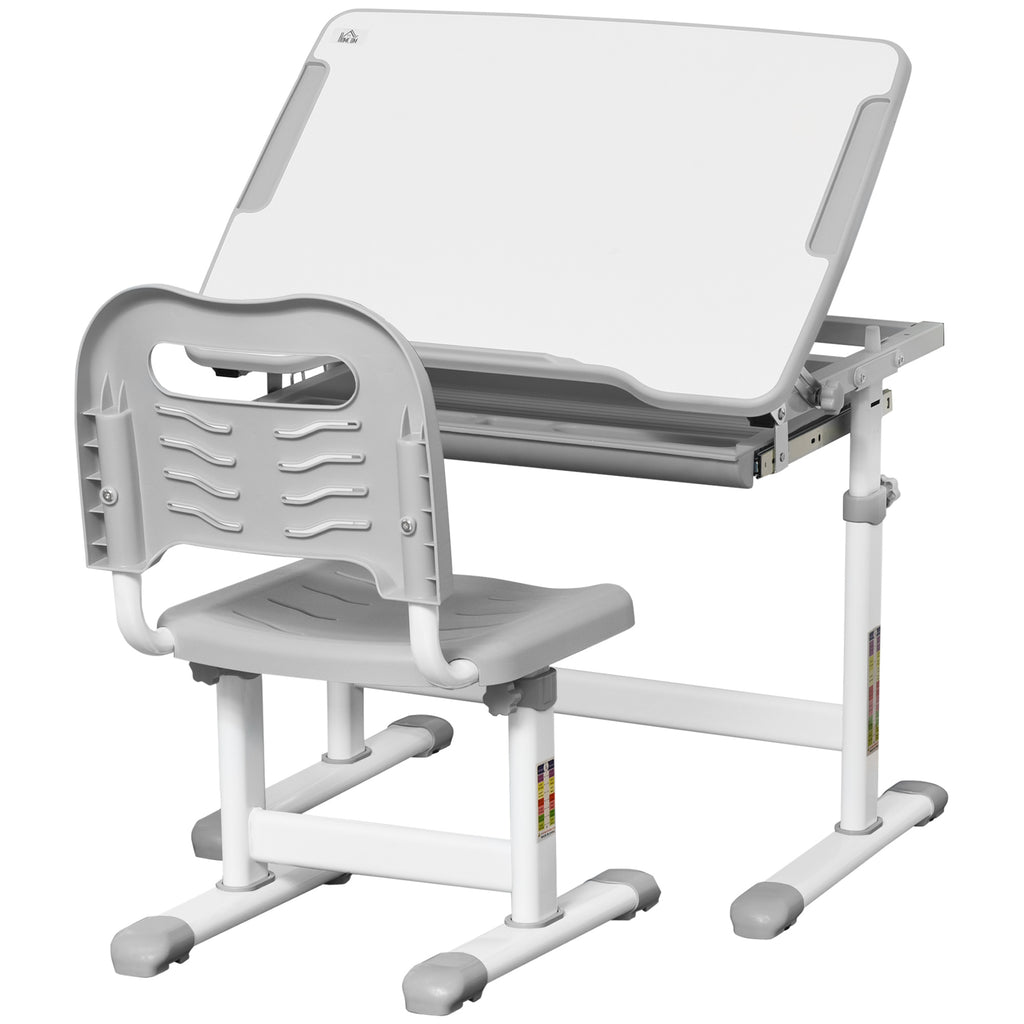 Children's School Desk for 6-12 Years with Chair and Adjustable Height, Tiltable Top, 66x47x52-77 cm, Grey