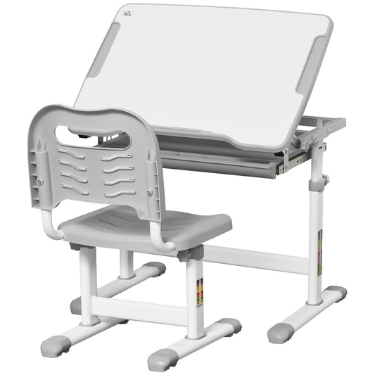 HOMCOM School Desk for Children 6-12 Years with Chair and Adjustable Height, Tilting Top, 66x47x52-77 cm, Gray