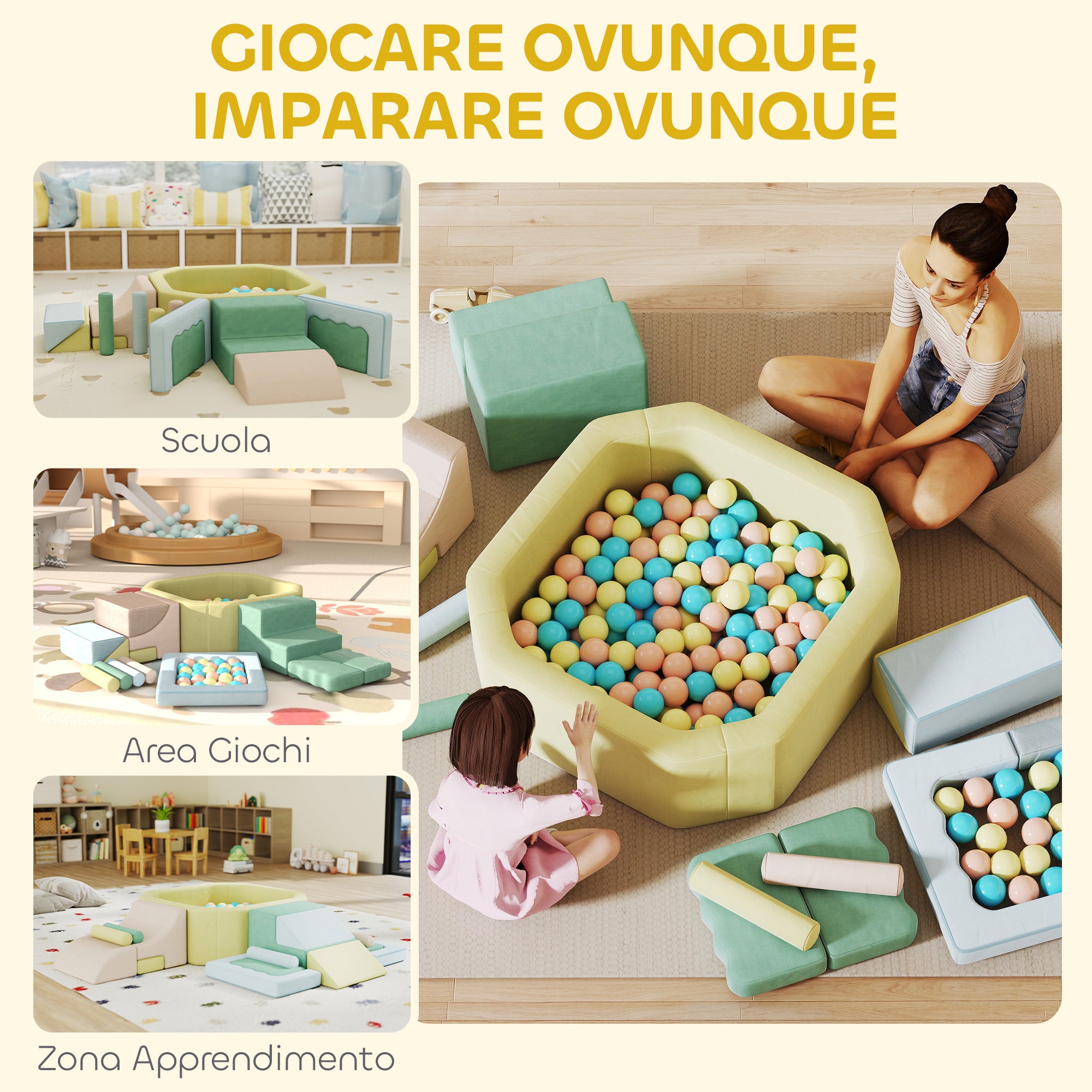 15-Piece Set of Soft Modular Building Blocks for Children with 200 Balls for Indoor Use, Multicolored