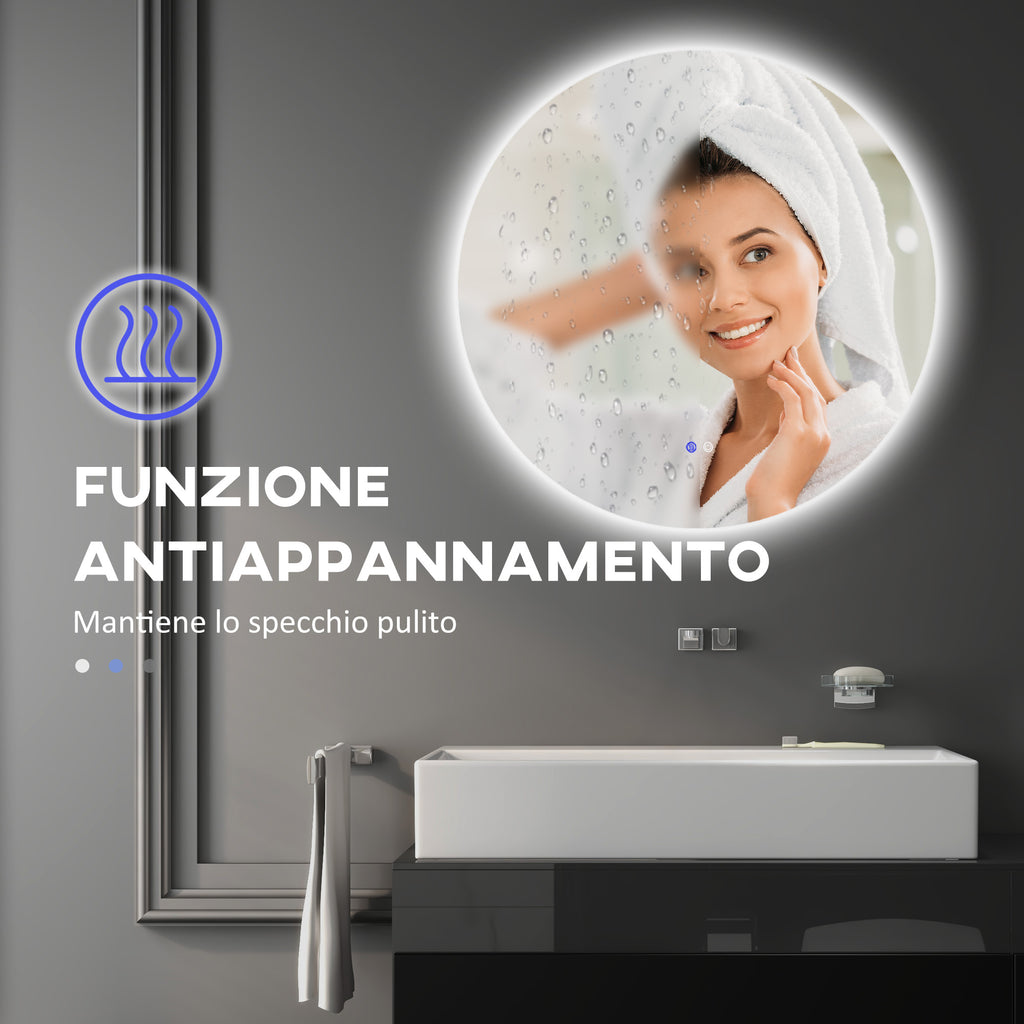 Bathroom Mirror with Dimmable LED Lights, Touch Switches and Anti-Fog Design, Ø70 cm