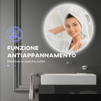 Bathroom Mirror with Dimmable LED Lights, Touch Switches and Anti-Fog Design, Ø70 cm