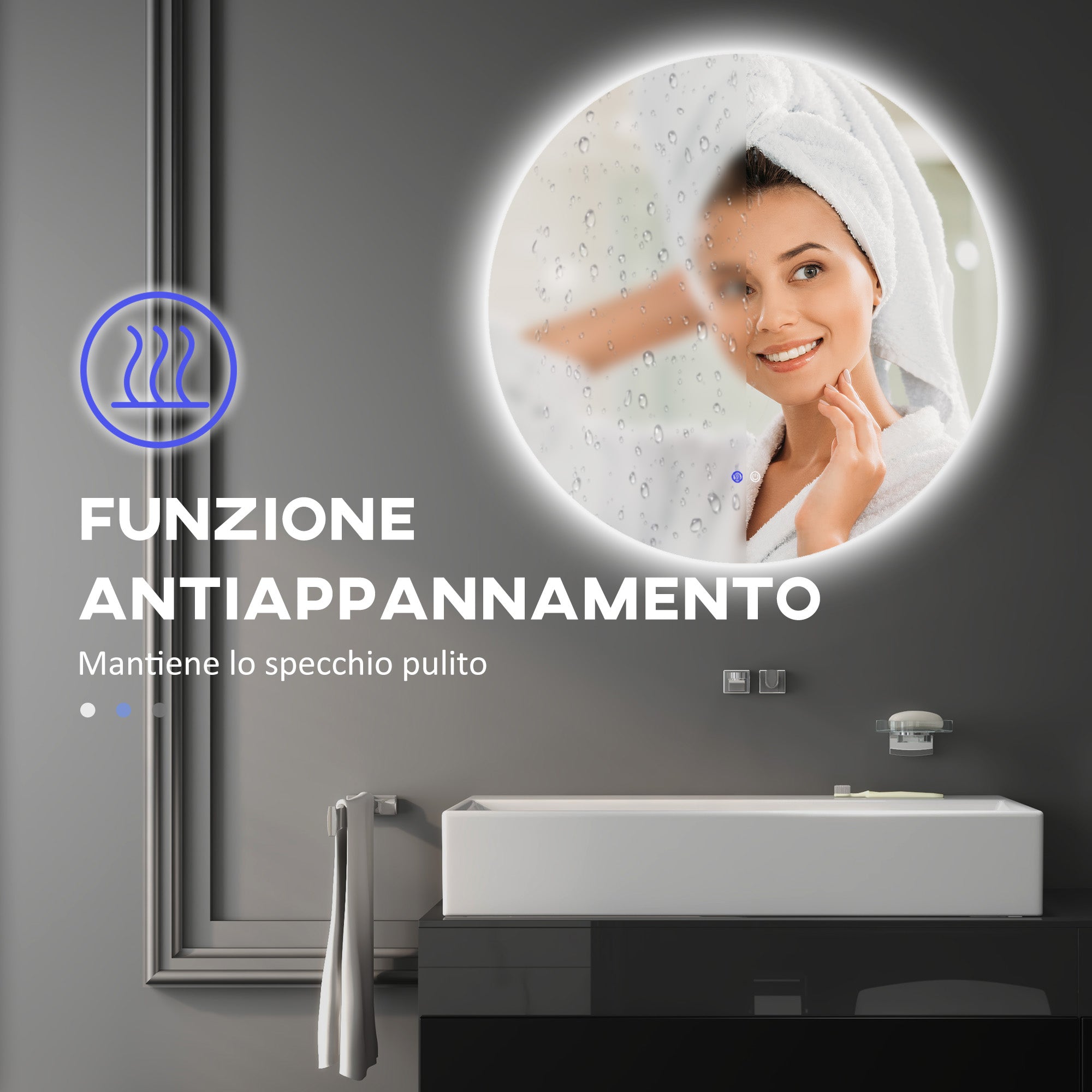 Bathroom Mirror with Dimmable LED Lights, Touch Switches and Anti-Fog Design, Ø70 cm