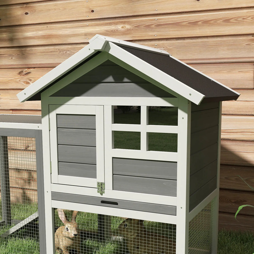 Rabbit Cage, Guinea Pigs and Rodents, Outdoor Rabbit Hutch in Fir Wood with House, Tray and Ramp, 122x62. 6x92 cm, Grey and White - Borge' Group Limited
