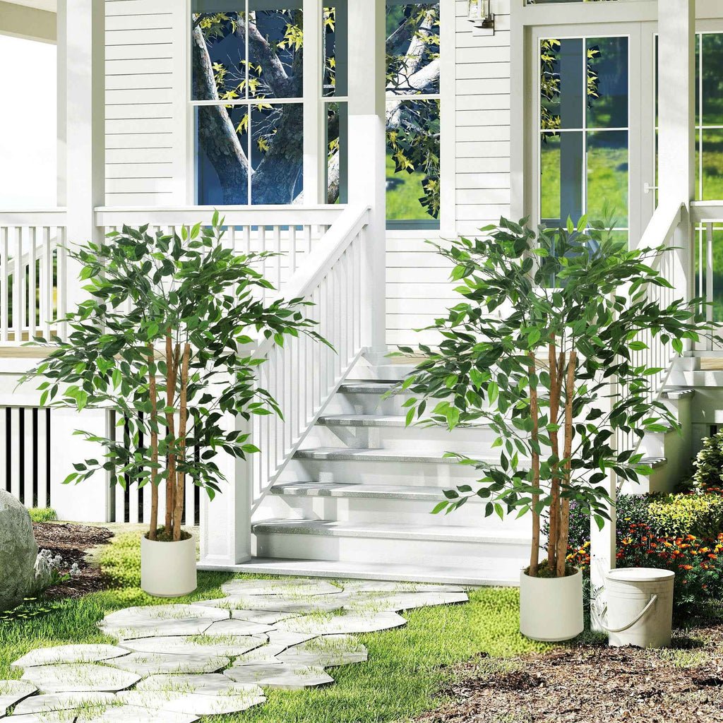 HOMCOM Artificial Green Banyan Tree Plant in PEVA and Wood with PP and Cement Container Pot, 55x55x120 cm