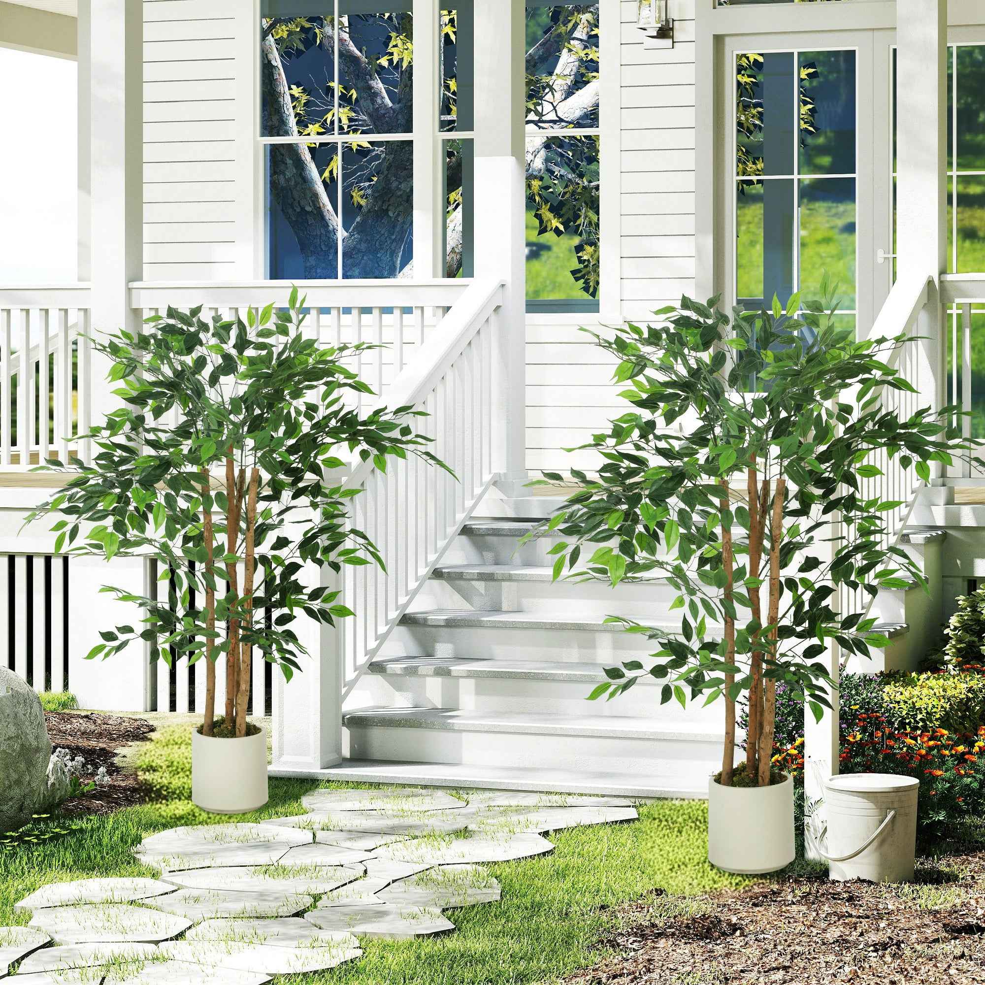 HOMCOM Artificial Green Banyan Tree Plant in PEVA and Wood with PP and Cement Container Pot, 55x55x120 cm