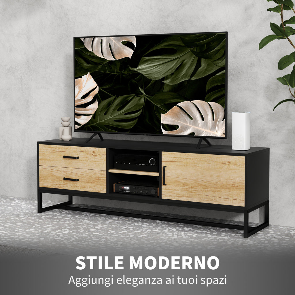 TV Cabinet 60" with Cabinet, 2 Drawers and Open Shelves, 140x35x45 cm, Natural Wood