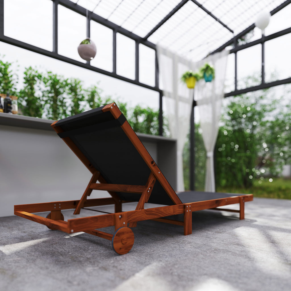 Sun Lounger with 4-Position Adjustable Backrest, Wheels and Headrest, Black