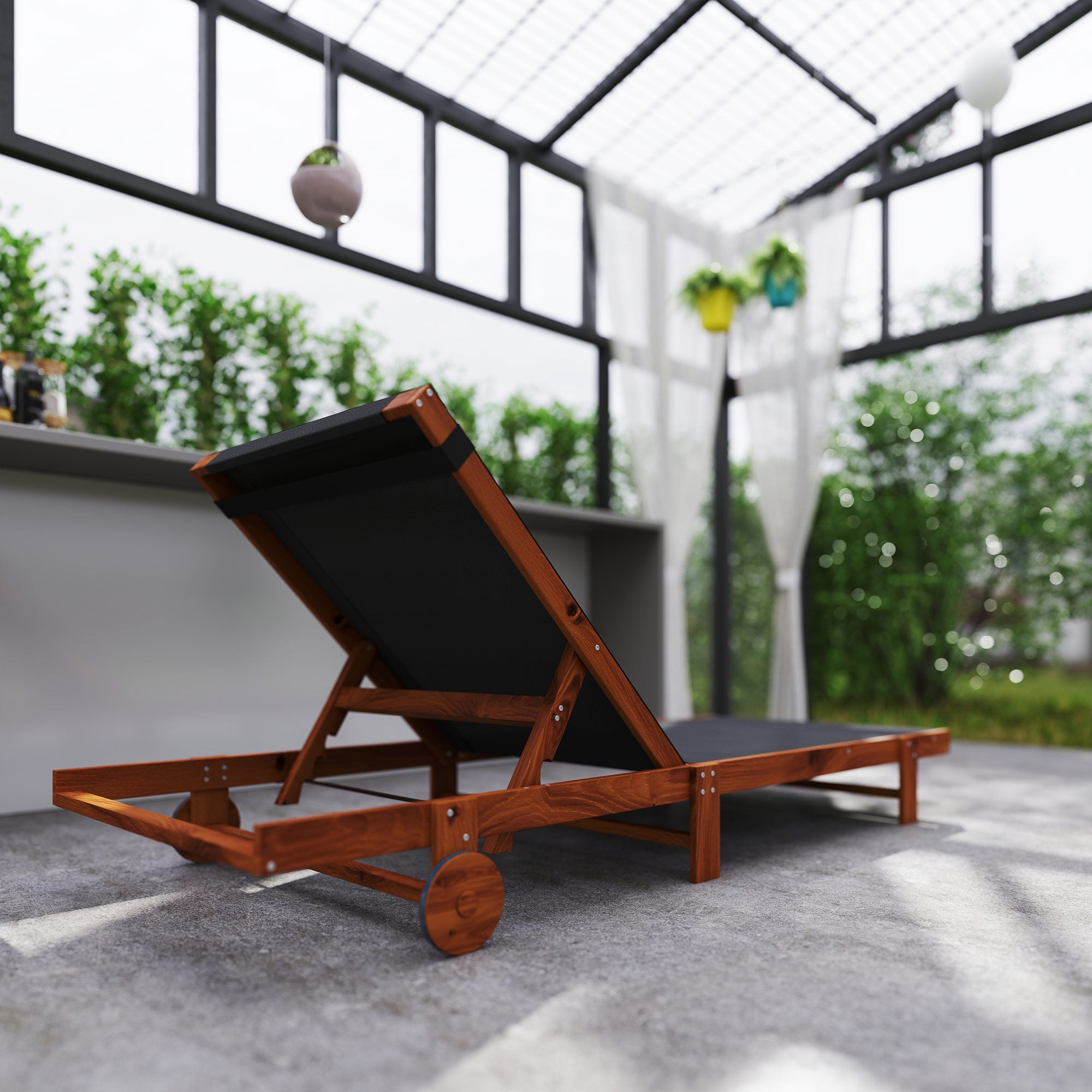 Sun Lounger with 4-Position Adjustable Backrest, Wheels and Headrest, Black