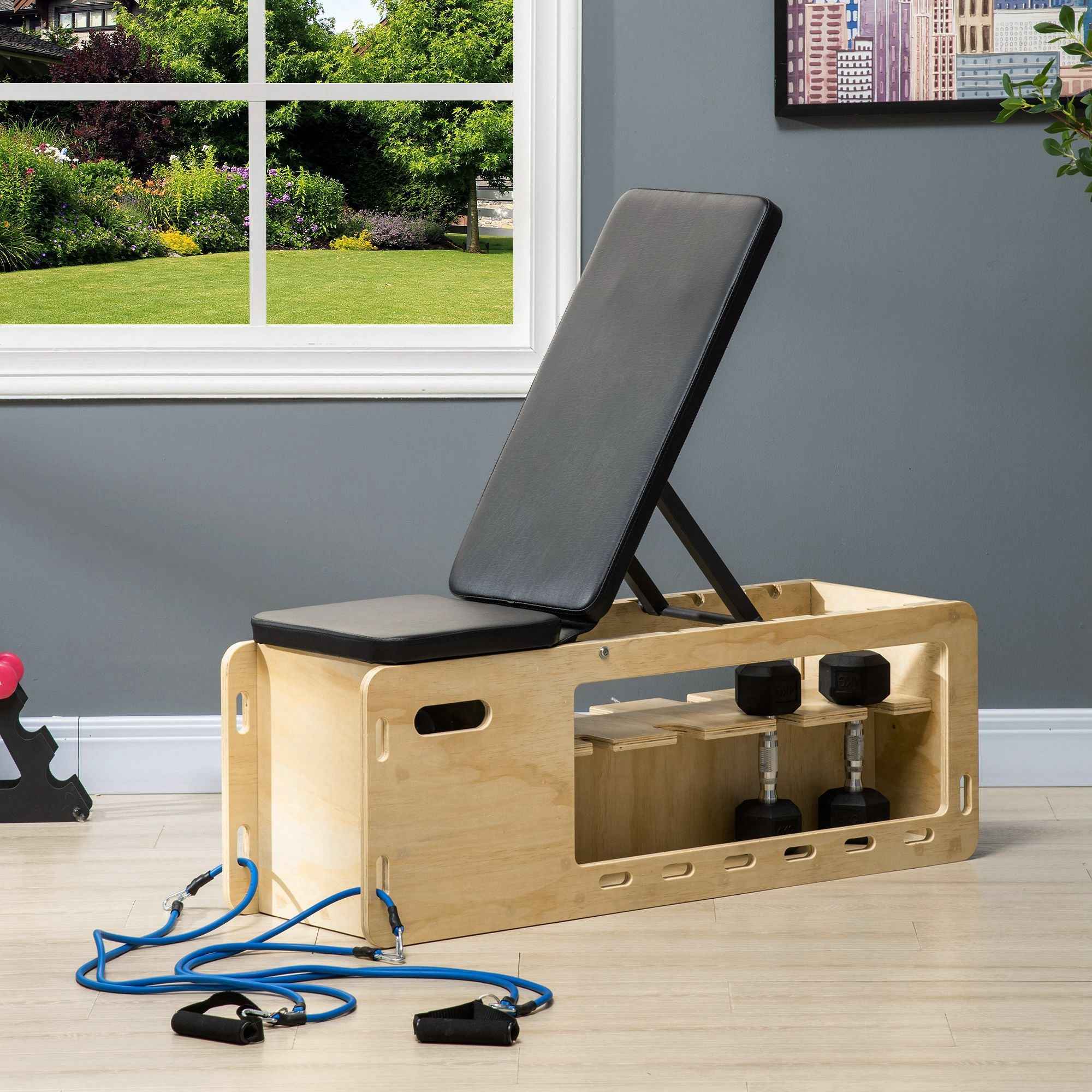 HOMCOM Multifunctional Bench with Adjustable Backrest, Storage Compartment, Rack for Weights and Elastic Bands, Wood