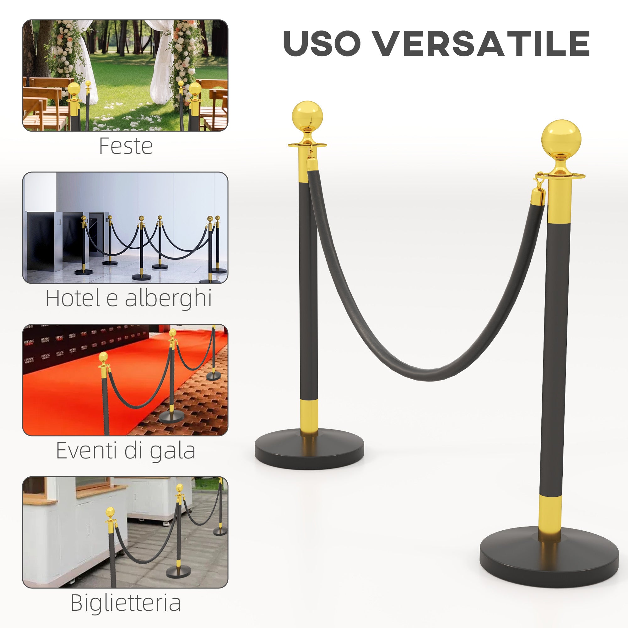 Stainless Steel Path Markers with 1.5 m Black Velvety Rope and Fillable Base, Ø32x96 cm