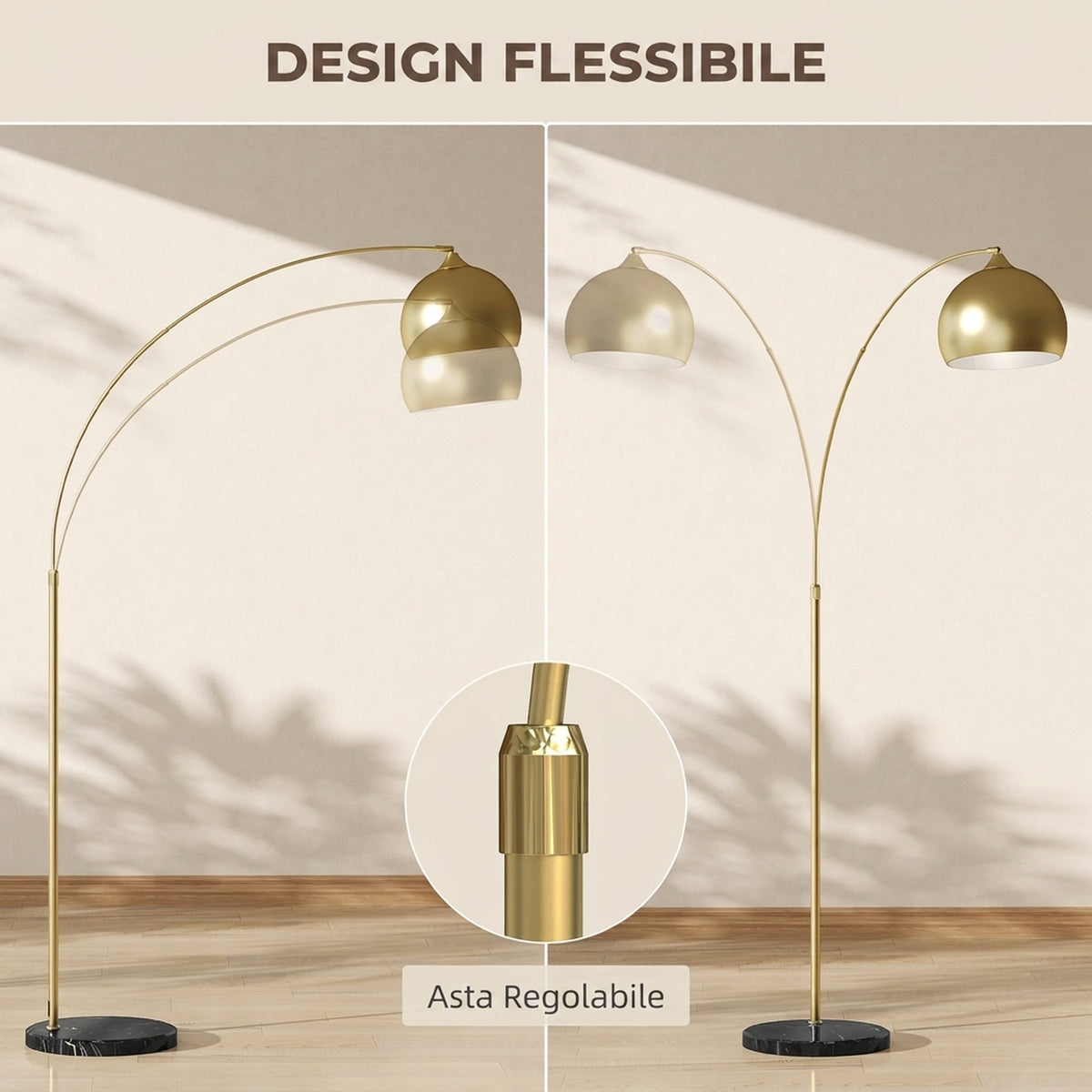 HOMCOM Modern Arc Floor Lamp with Adjustable Rod and Foot Switch, E27 Socket, Gold