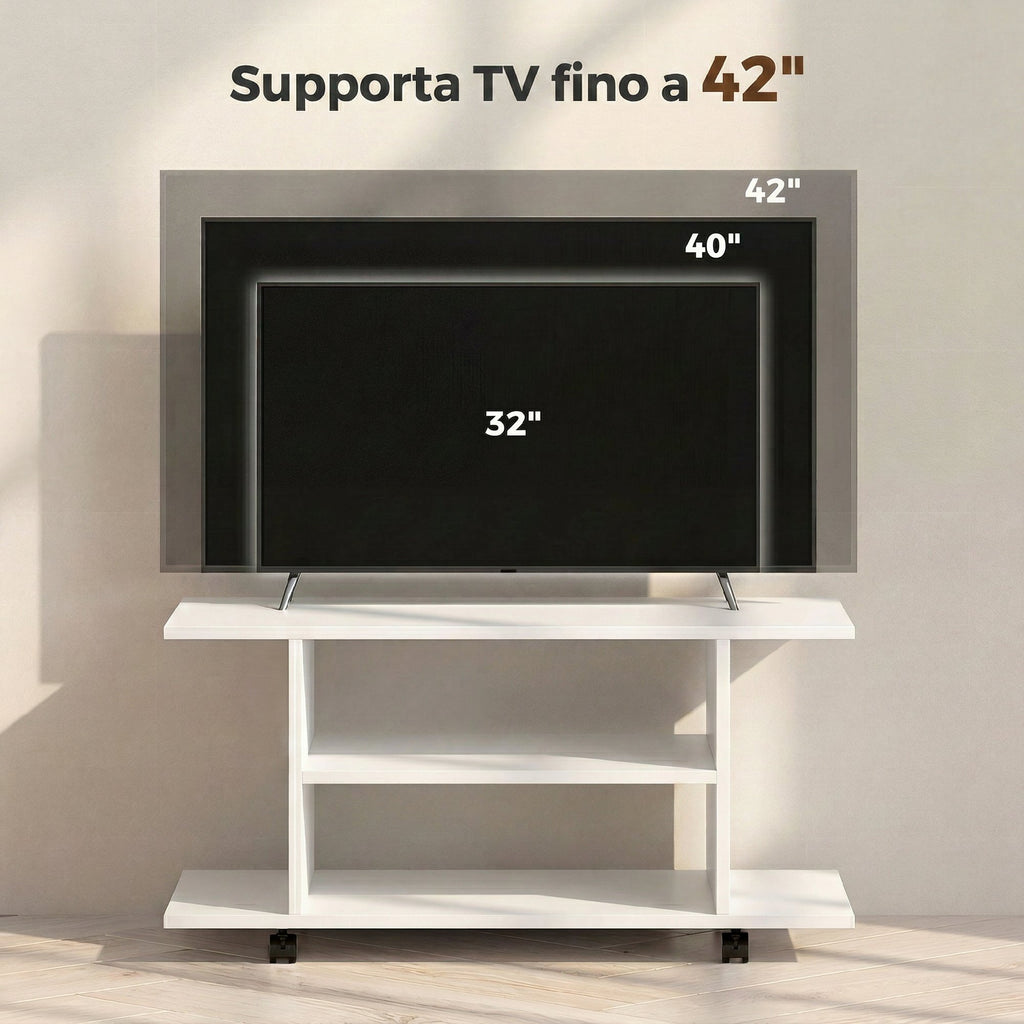 HOMCOM Modern TV Stand with Shelves, Swivel Wheels and Brakes, 80x40x40 cm, White