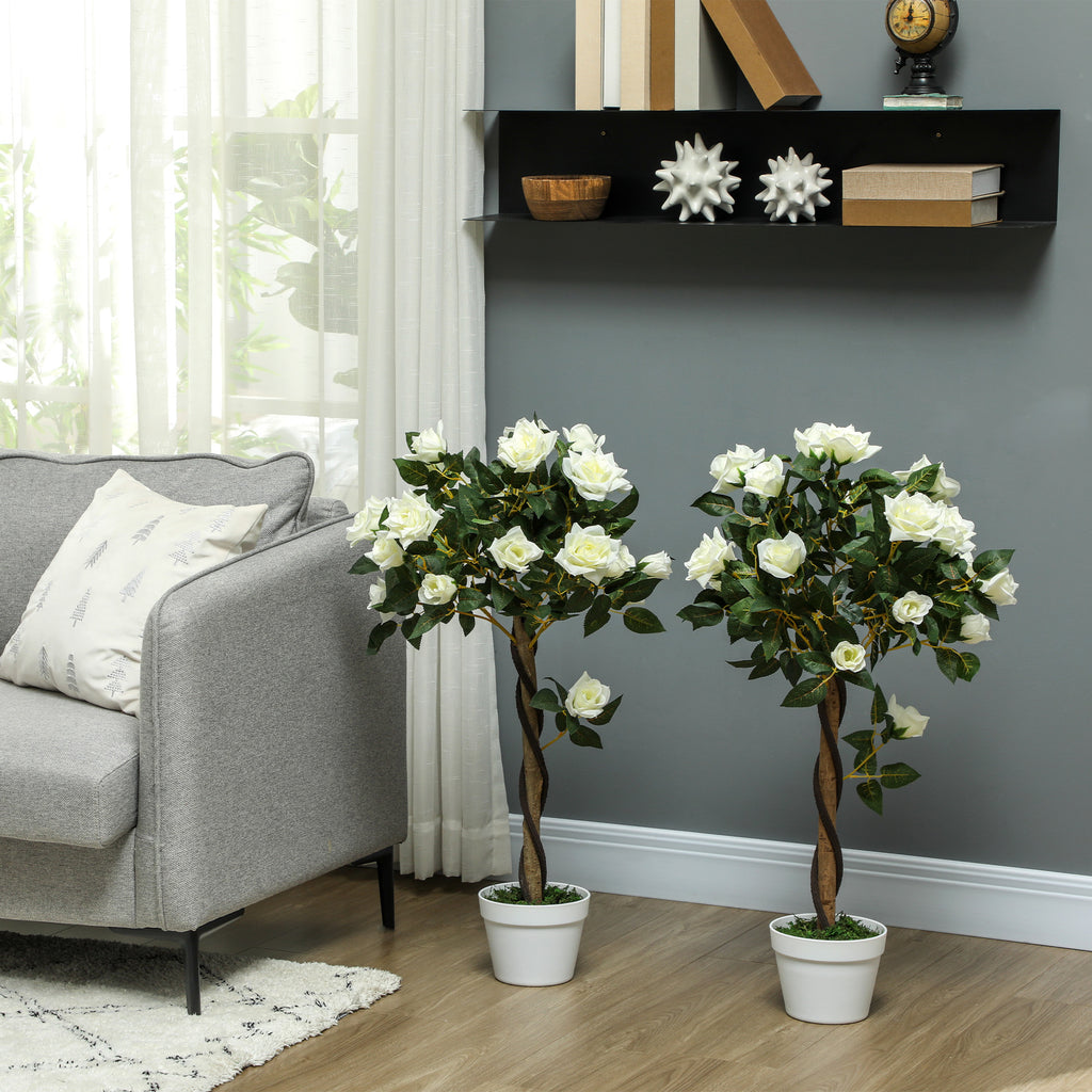 Outsunny 21-Flower Fake Rose Plant with Cement and Moss-Filled Pot, Ø18x90 cm, White
