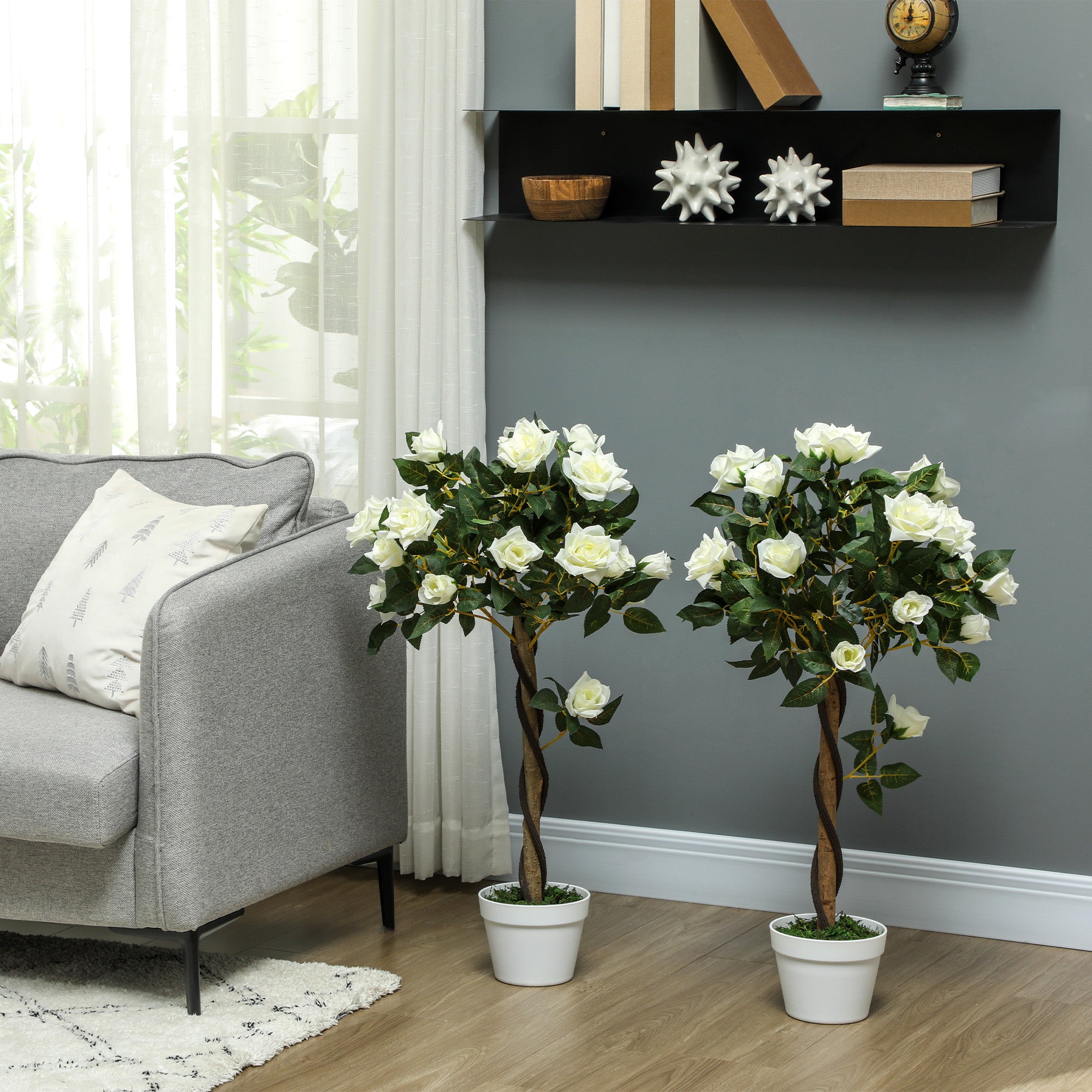 Outsunny 21-Flower Fake Rose Plant with Cement and Moss-Filled Pot, Ø18x90 cm, White
