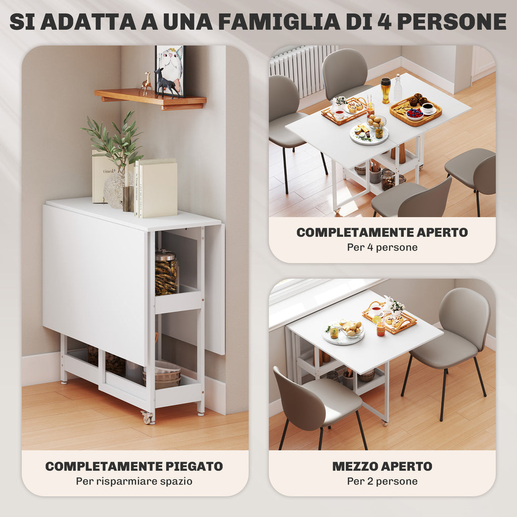 HOMCOM Folding Table with 2 Drop-Leaf Tops for 4 People with 2 Open Shelves, Wood and Metal, 133.4 x 80 x 75 cm, White