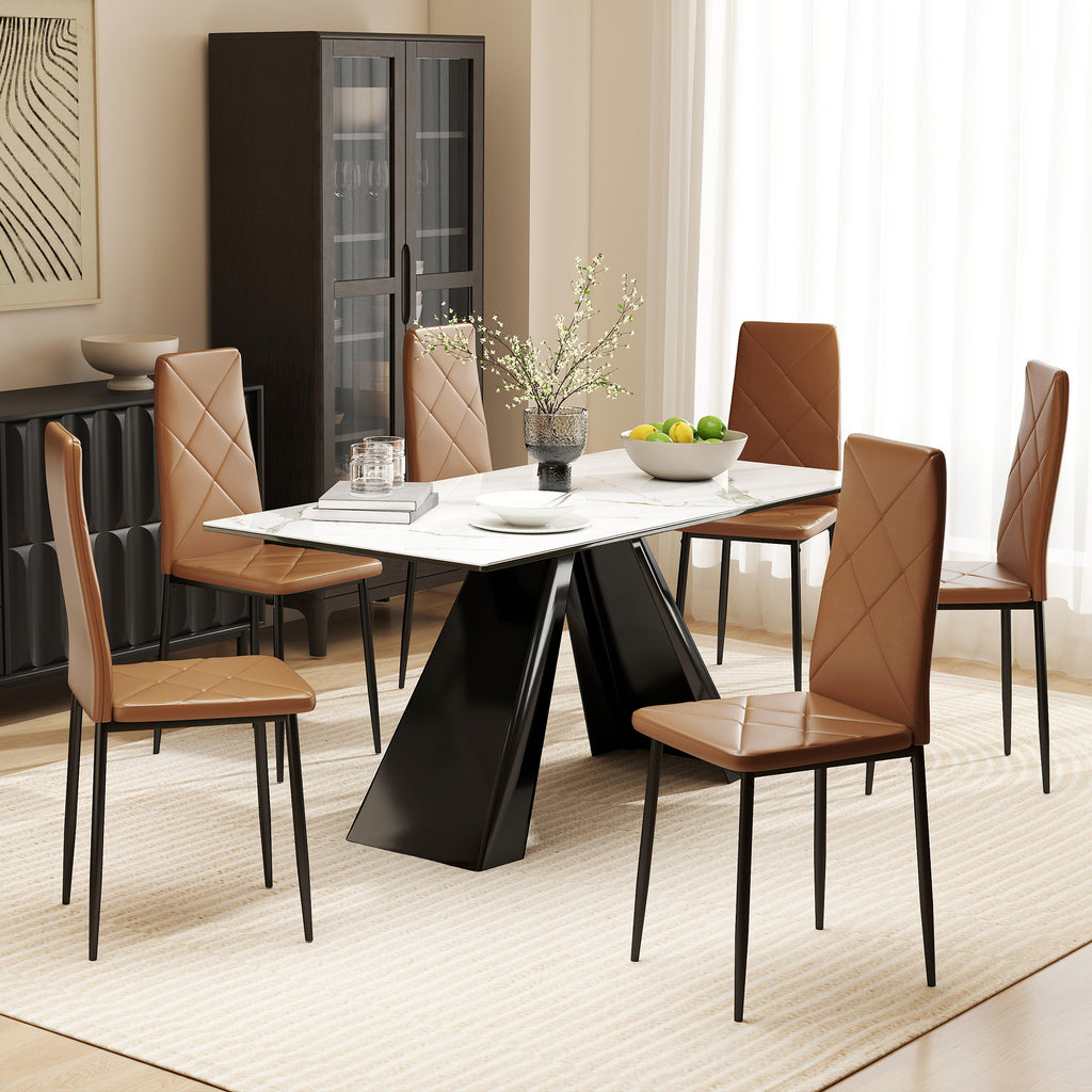 Set of 6 Modern High-Back Dining Chairs in Faux Leather and Steel, 41x50x97 cm, Brown