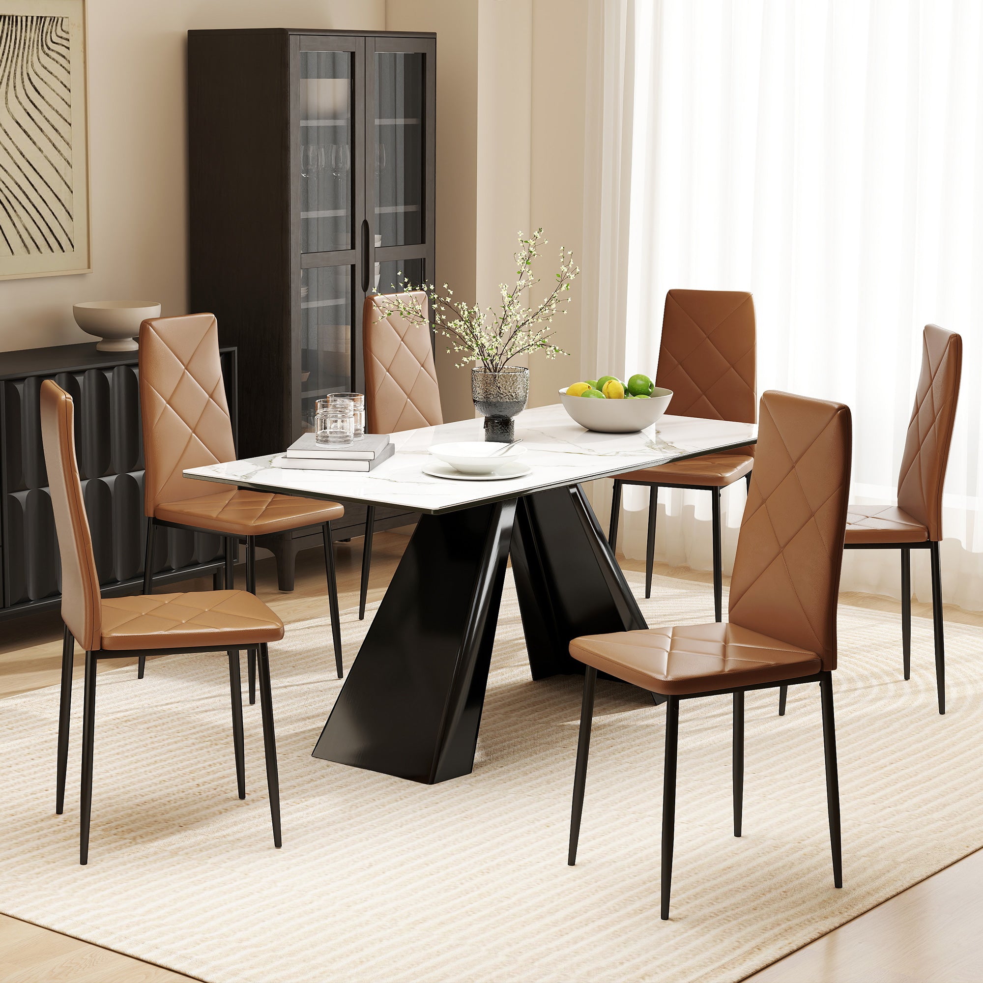 Set of 6 Modern High-Back Dining Chairs in Faux Leather and Steel, 41x50x97 cm, Brown