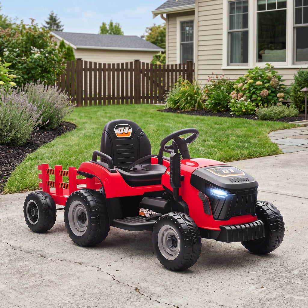 AIYAPLAY 2 in 1 Electric Tractor for Kids Ages 3-8 with Detachable Trailer, Remote Control, Music, Lights, Red