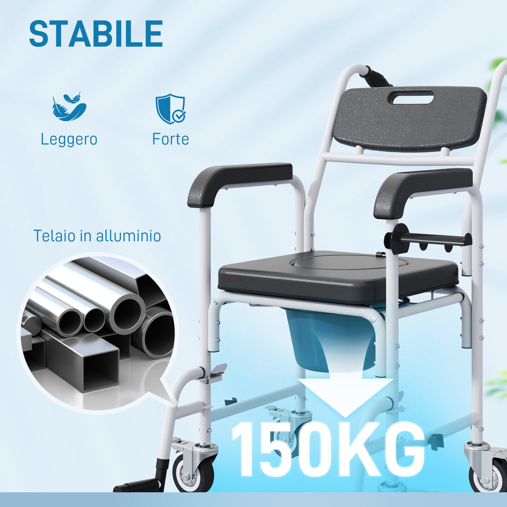 Wheelchair with Waterproof Toilet 4 in 1 with Folding Footrest, in Aluminum and Plastic, Black