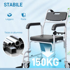 Wheelchair with Waterproof Toilet 4 in 1 with Folding Footrest, in Aluminum and Plastic, Black