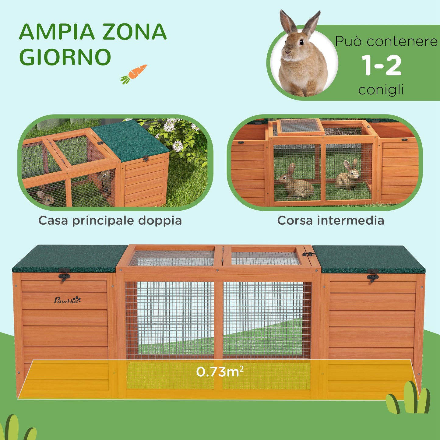 Wooden Hutch with 2 Houses, Central Fence and Opening Roof, 140x52x46cm, Orange - Borgè