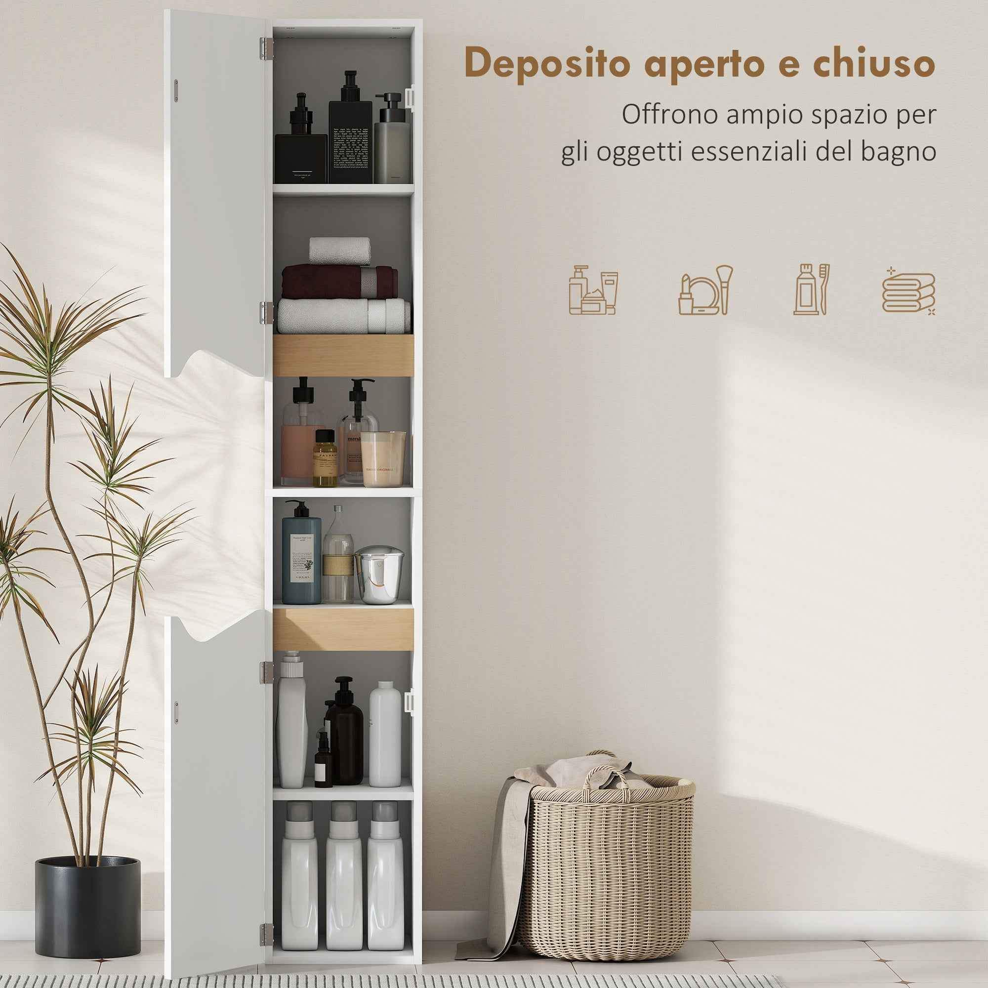 HOMCOM Wooden Bathroom Cabinet with 2 Open Shelves and 2 Cabinets, 30x34.6x180.5 cm, White and Wood Color