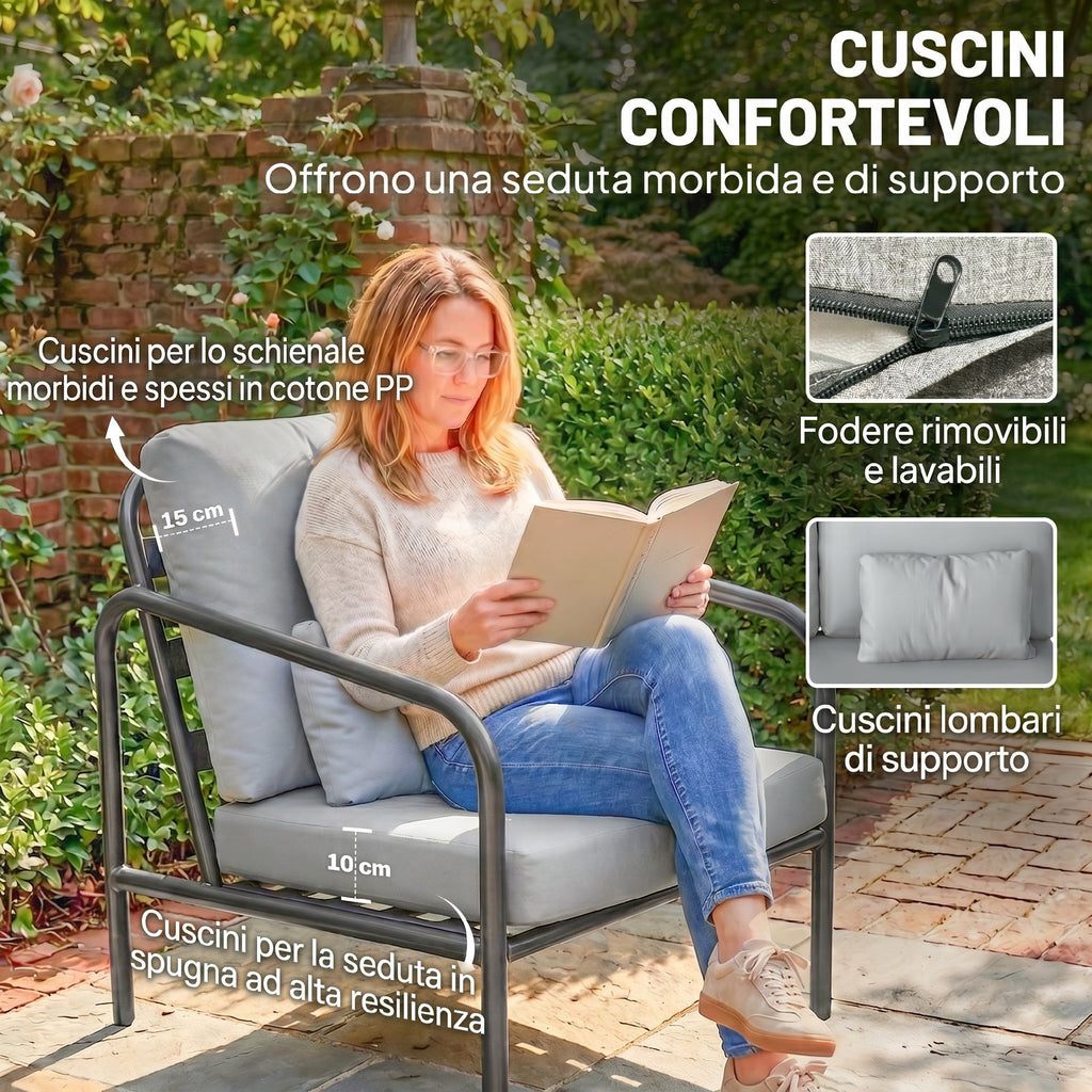 Outsunny 4-Piece Steel Garden Lounge Set with 2-Seater Sofa, 2 Armchairs and Coffee Table, Light Grey