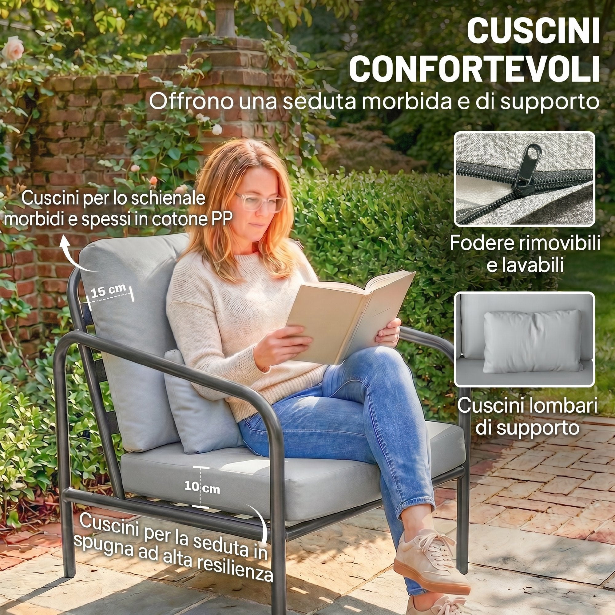 Outsunny 4-Piece Steel Garden Lounge Set with 2-Seater Sofa, 2 Armchairs and Coffee Table, Light Grey
