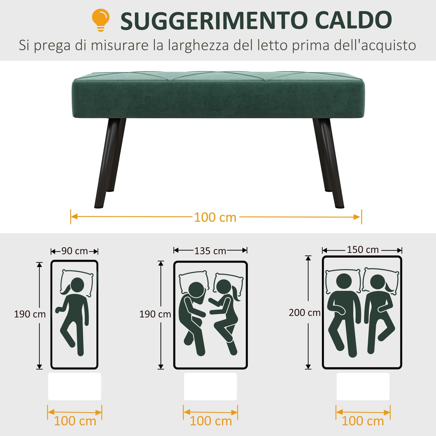 Ottoman Upholstered Bench in Velvet Effect Fabric and Steel, 100x36x45 cm, Green and Black - Borgè