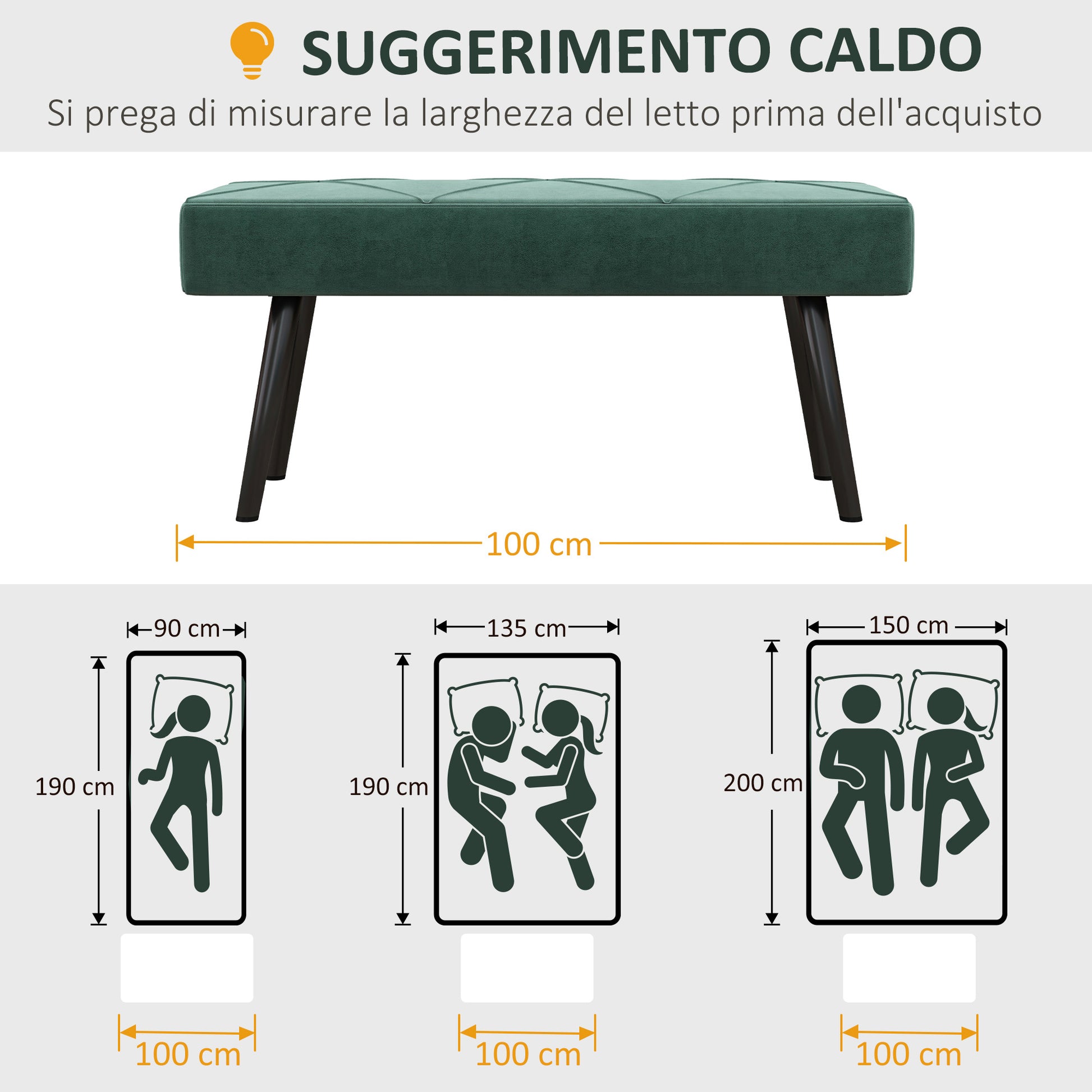 Ottoman Upholstered Bench in Velvet Effect Fabric and Steel, 100x36x45 cm, Green and Black - Borgè